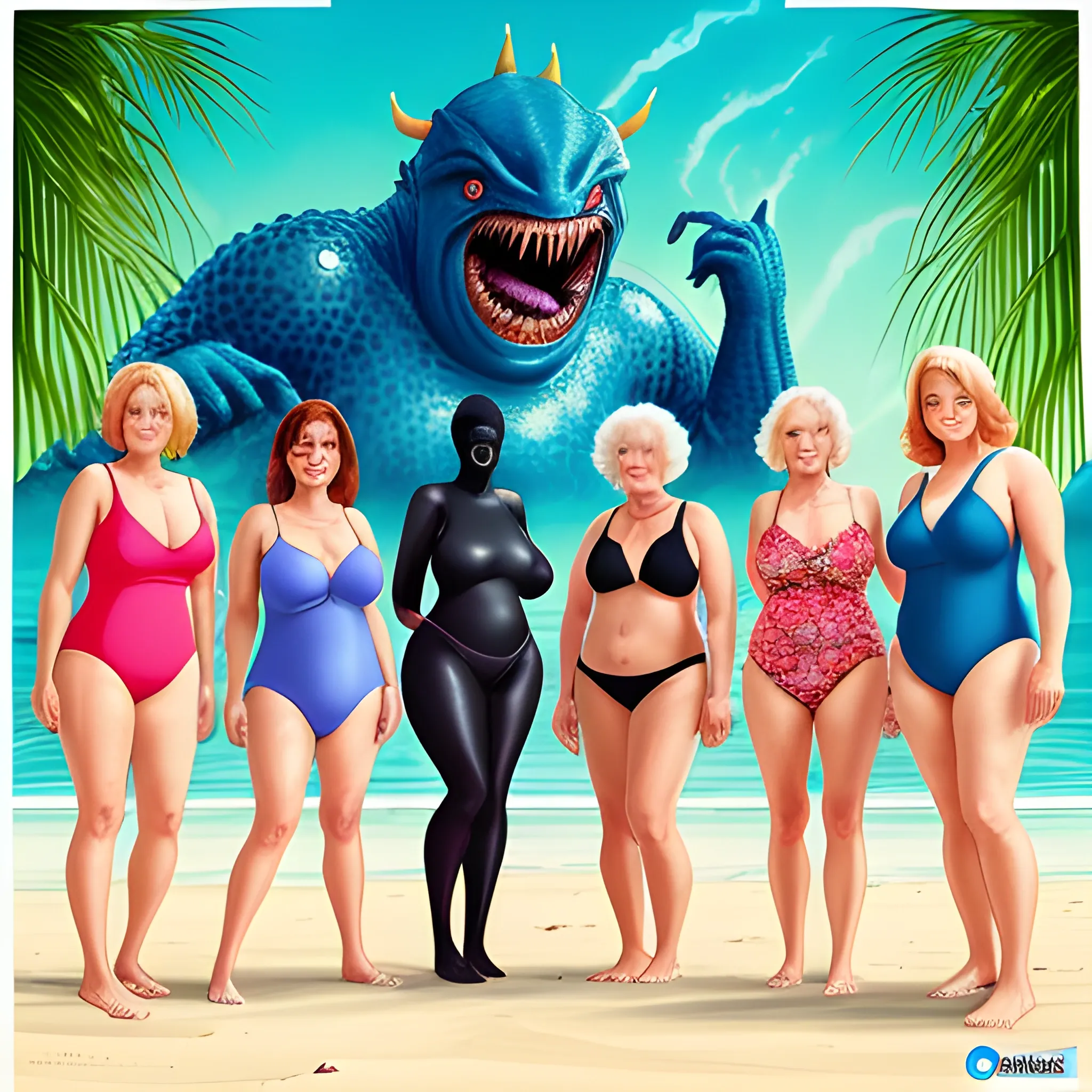 An image of a group of five mature women, dressed in revealing swimsuits, standing on a sandy beach surrounded by lush tropical plants and clear blue water. In the background, a large, menacing monster can be seen emerging from the waves, its scaly skin glistening in the sunlight. The women are caught off guard, some with surprised expressions and others with a mix of fear and arousal. The image is rendered in a bright, vibrant style, with a focus on the women's curves and the monster's imposing figure.