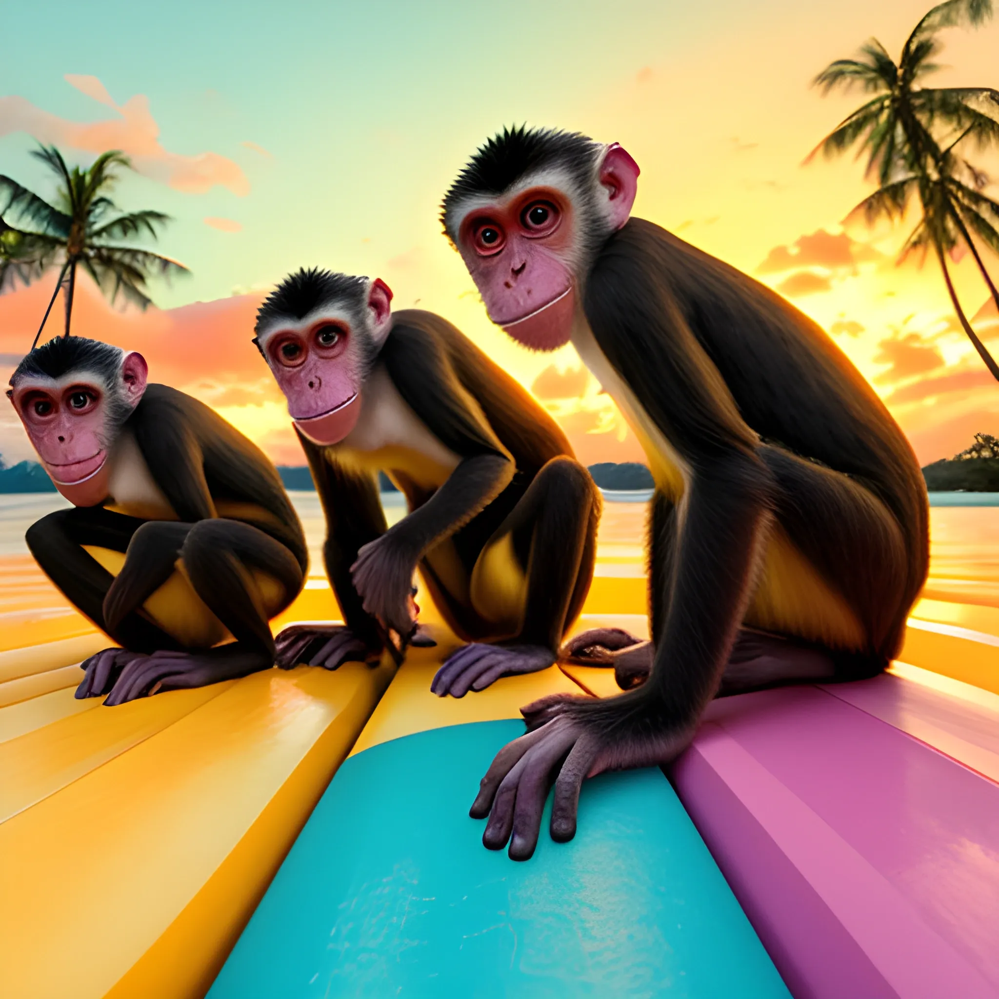 A group of playful monkeys playfully gnaw on vibrant yellow bananas, their furry bodies bathed in the warm glow of the tropical sunrise, Trippy