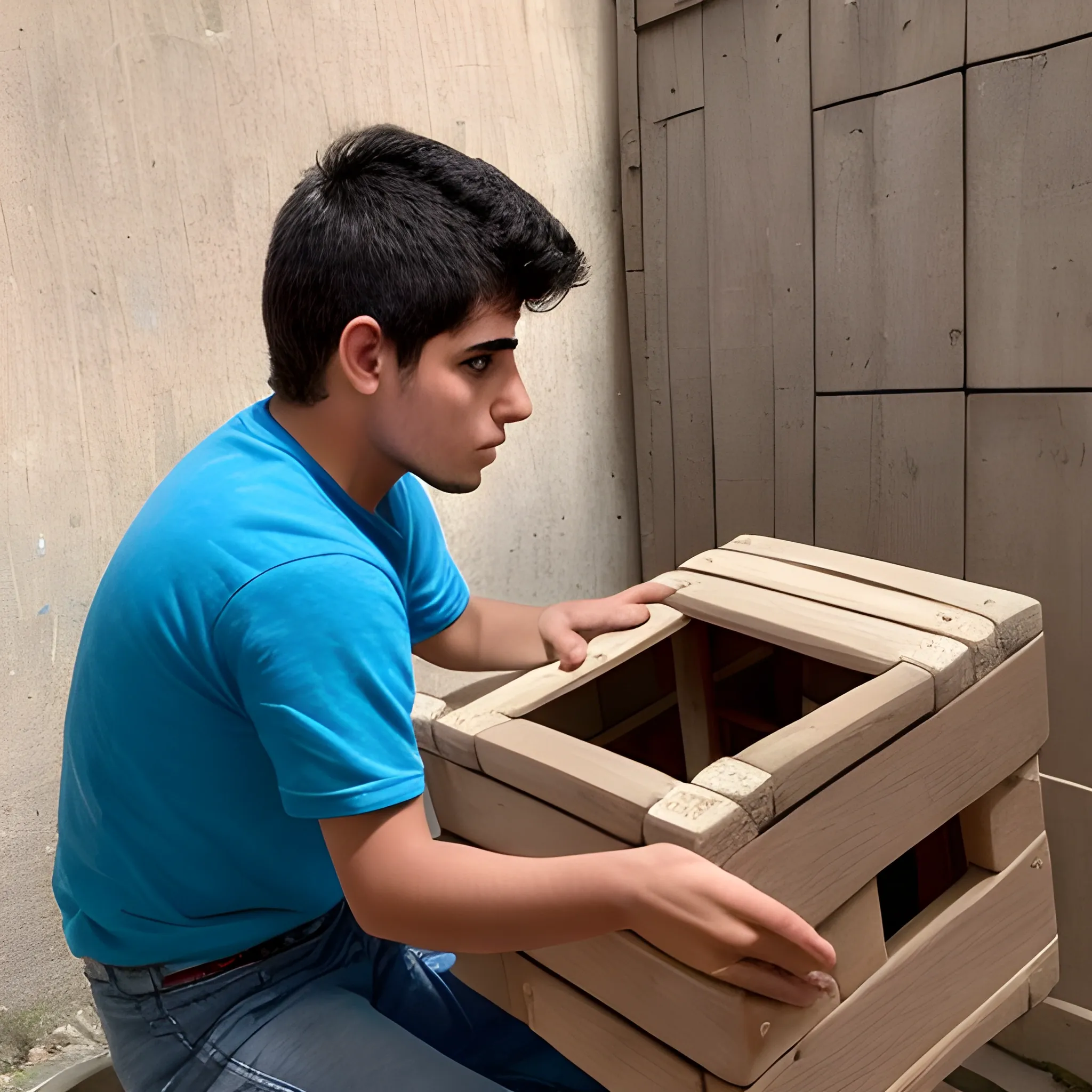 monito joven sobre un cubo con una balanza antigua a su lado
