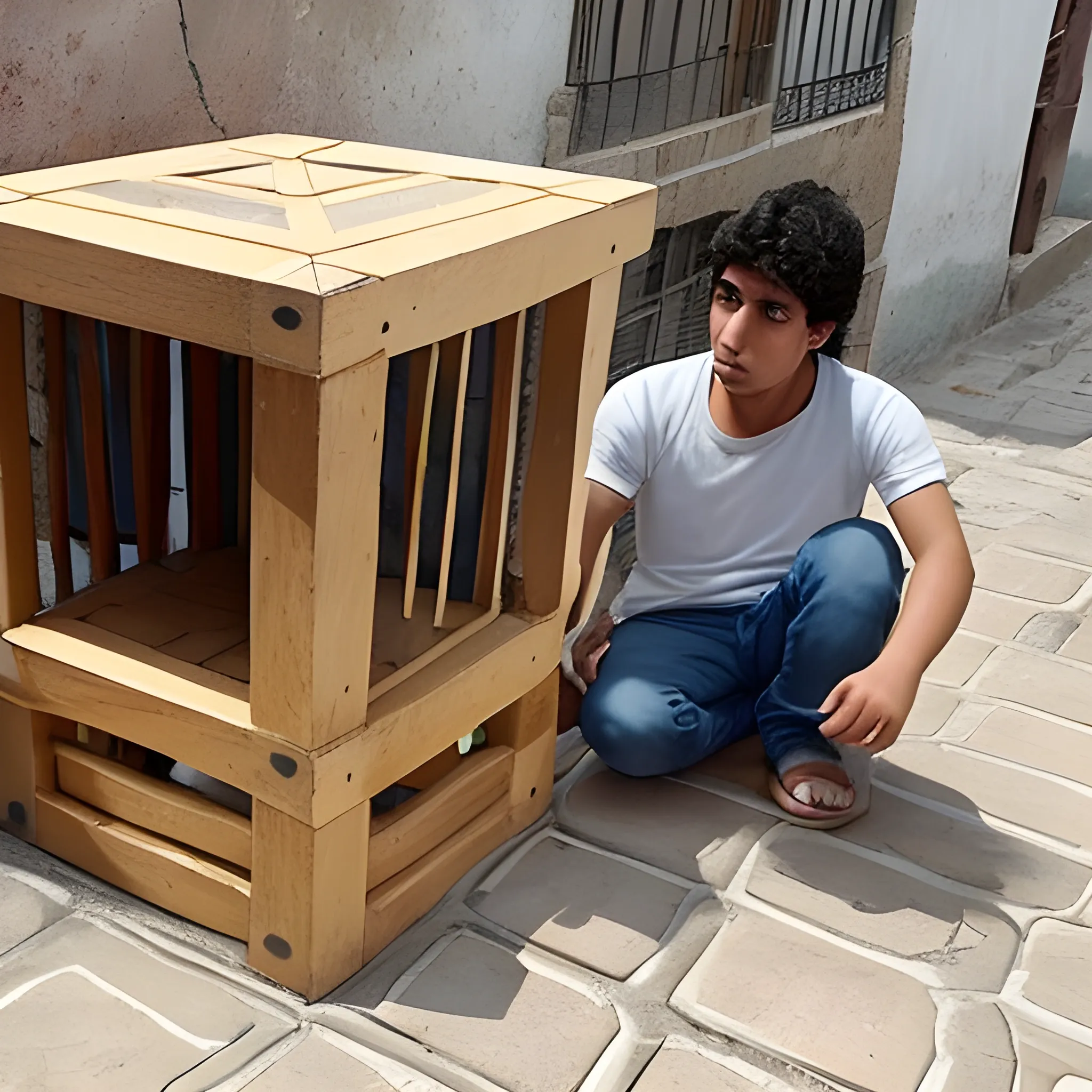 mono joven sobre un cubo con una balanza antigua a su lado
