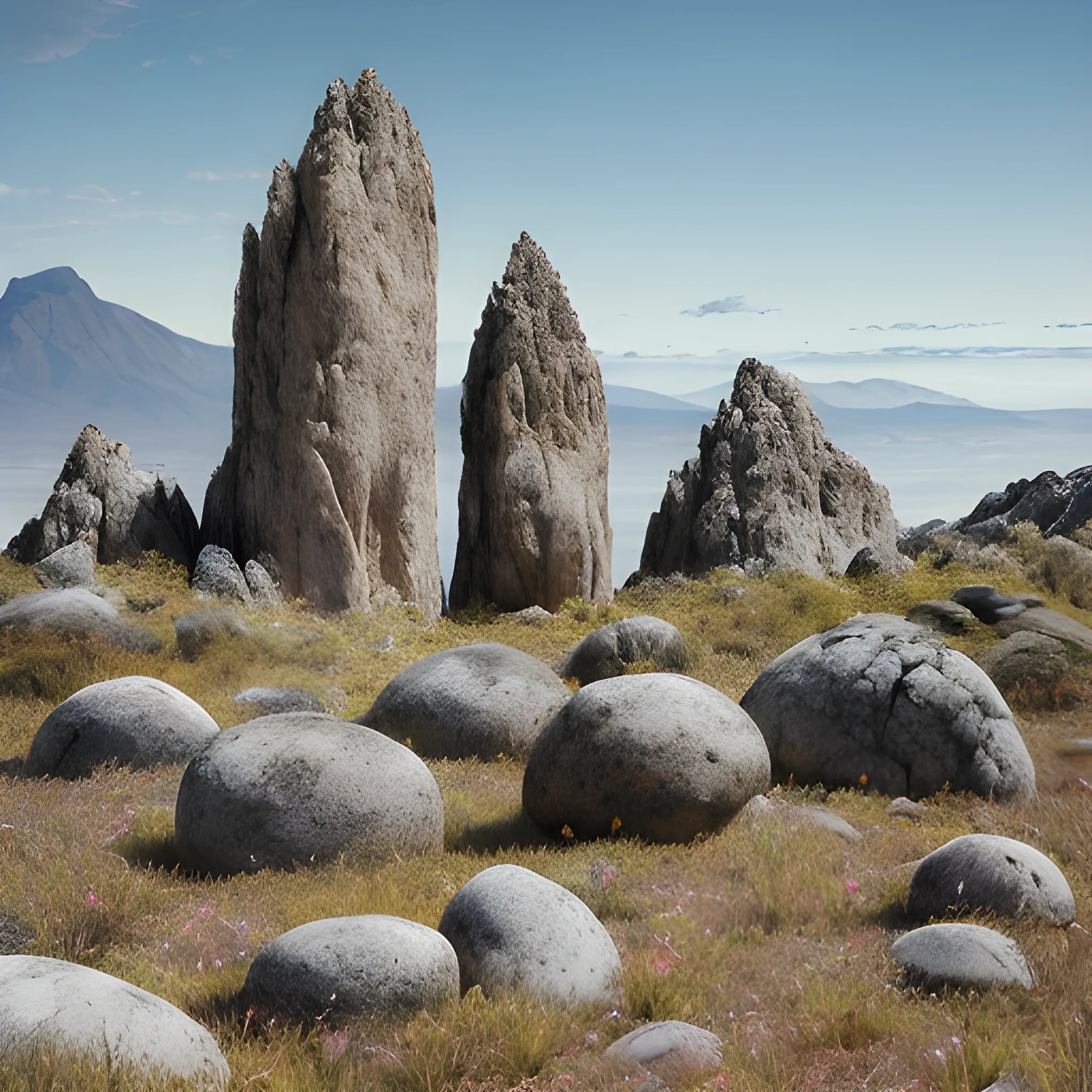 En una escena de paisaje andino prehispánico, que refleje una combinación de rocas, montañas y un cielo. La característica más distintiva será la representación de hombres antiguos convertidos en geoformas según la cosmovisión andina.
1. Rocas y Montañas: Las formaciones rocosas y montañosas deben tener características humanas, como rasgos faciales esculpidos en la piedra, ojos, bocas y rostros integrados en las rocas y montañas. Estas figuras deben parecer parte del paisaje, mostrando una transición suave entre la forma humana y la geoforma natural.
2. Colores y Texturas: Utiliza una paleta de colores terrosos y naturales, con tonos de gris, marrón y verde, pero añade matices dorados y rojizos para evocar la riqueza de la cultura andina. Las texturas deben resaltar la rugosidad y la solidez de las rocas, mientras mantienen la esencia de las figuras humanas.
3. Ambiente Natural: Incluye elementos típicos del paisaje andino como vegetación, niebla ligera en las cimas de las montañas y un cielo con nubes dispersas. La atmósfera debe capturar la relación directa entre humanos y la naturaleza.
Estilo: Realismo con un toque de surrealismo, combinando detalles naturales con elementos simbólicos que reflejen la profunda conexión entre los ancestros y la tierra según la cosmovisión andina.