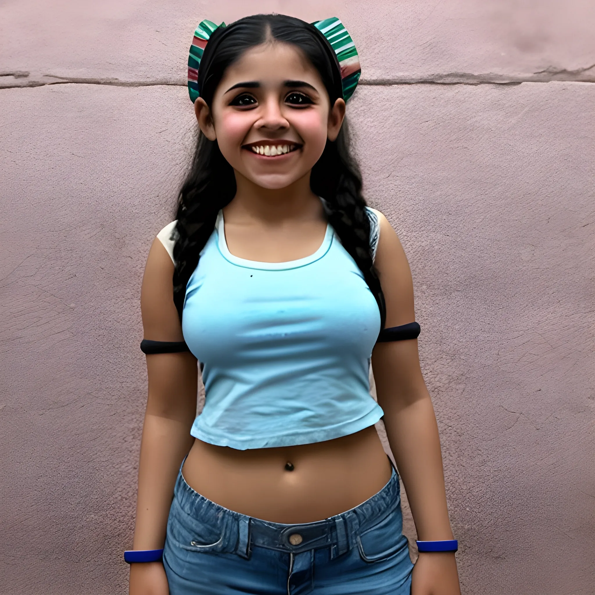 cholita joven, con todo el cuerpo, con una sonrisa.