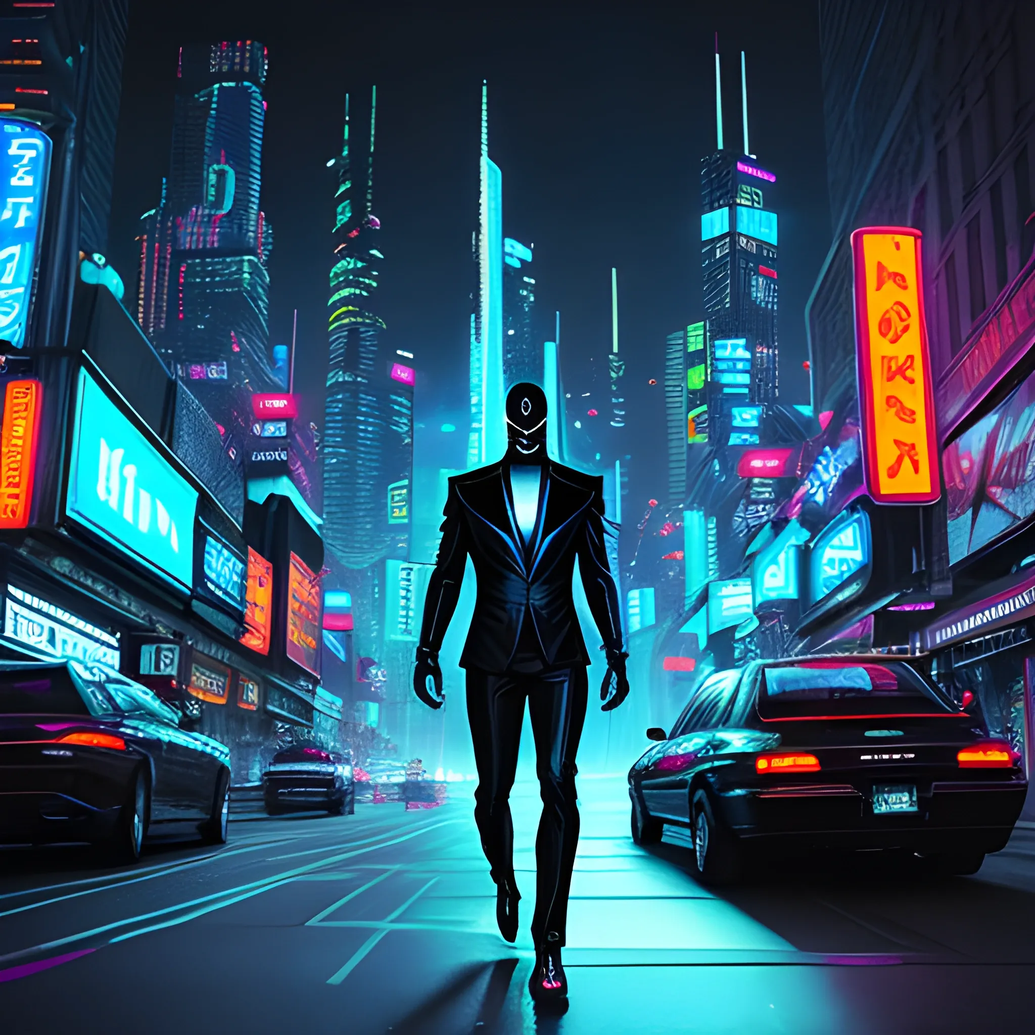 A young boy dressed entirely in black clothes and wearing a black mask walks down the street. On both sides of the street are skyscrapers adorned with neon lights, and the street itself is filled with a sense of futuristic technology. Light reflections on the boy's body make him appear mysterious and powerful. In the background, the skyscrapers feature large holographic billboards, with neon lights outlining a cyberpunk atmosphere in the night. At the bottom of the image, the text "Extreme Beast Control: Shadow of Illusion Z" should be written in a font that conveys a sense of futurism and technology.