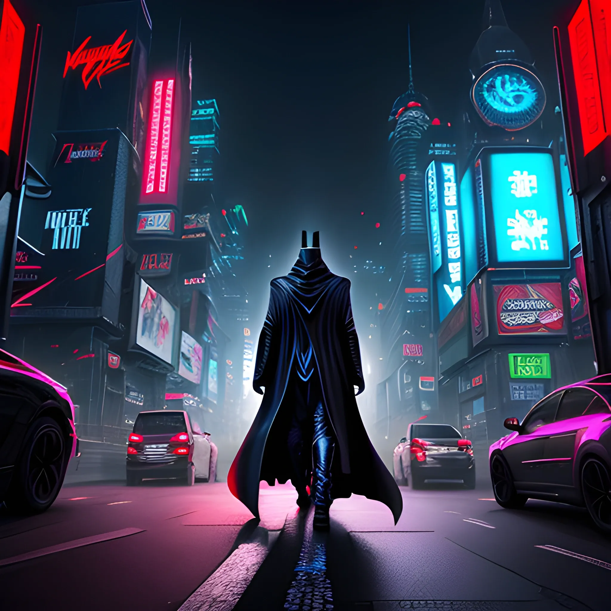 A young boy dressed entirely in a black cloak and wearing a black mask walks down the street with his back facing the viewer, turning his head slightly to look behind him. On both sides of the street are towering skyscrapers adorned with neon lights. The background is predominantly black, enhancing the cyberpunk atmosphere. The street should be filled with futuristic elements, such as holographic billboards and neon signs. The boy's cloak should have subtle light reflections, adding a mysterious and powerful aura. At the bottom of the image, the text "Extreme Beast Control: Shadow of Illusion Z" should be written in a font that conveys a sense of futurism and technology.