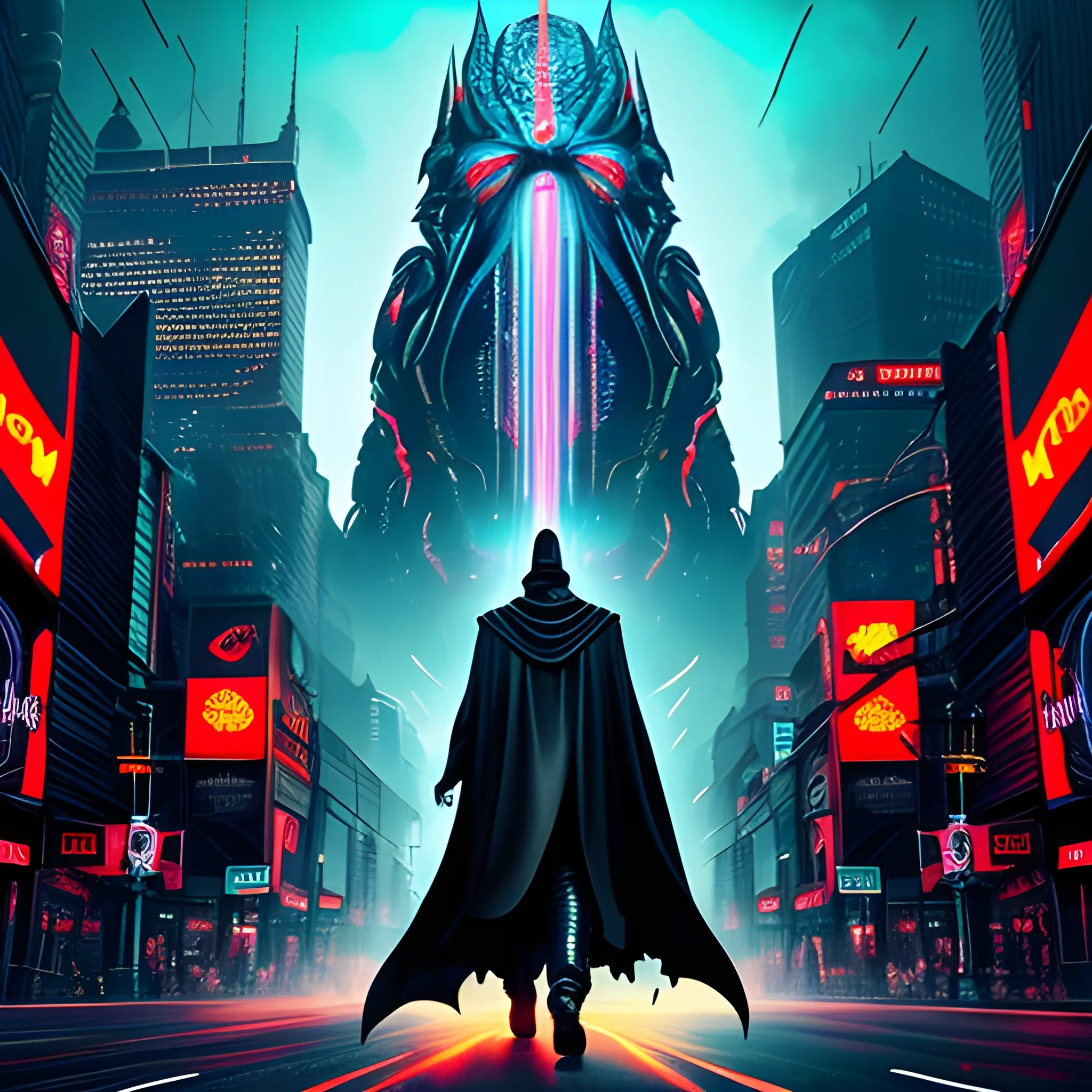 A young boy dressed entirely in a black cloak and wearing a black mask walks down the street with his back facing the viewer, turning his head slightly to look behind him. On both sides of the street are towering skyscrapers adorned with neon lights. Above him, a massive black dragon with a large head and flames in its mouth is flying. The background should be predominantly black, enhancing the cyberpunk atmosphere. The street should be filled with futuristic elements, such as holographic billboards and neon signs. The boy's cloak should have subtle light reflections, adding a mysterious and powerful aura. At the bottom of the image, the text "Extreme Beast Control: Shadow of Illusion Z" should be written in a font that conveys a sense of futurism and technology.