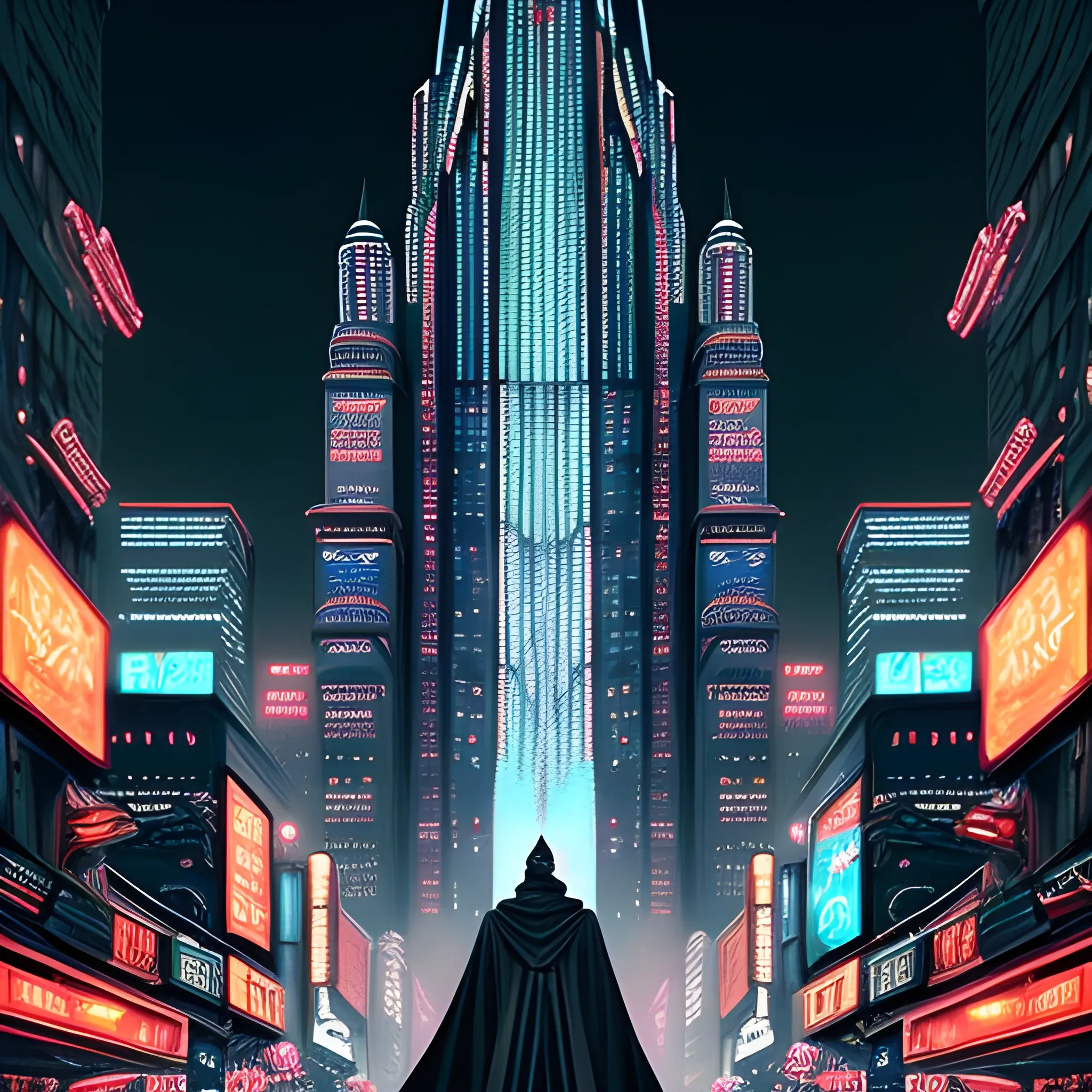 A young boy dressed entirely in a black cloak and wearing a black mask walks down the street with his back facing the viewer, turning his head slightly to look behind him. On both sides of the street are towering skyscrapers adorned with neon lights, each building covered in intricate holographic advertisements and detailed light displays. Above him, a massive black dragon with a large head and flames in its mouth is flying, its scales glistening with intricate patterns. The background should be predominantly black, enhancing the cyberpunk atmosphere, with detailed reflections and shadows adding depth. The street is filled with futuristic elements like floating drones and neon signs. The boy's cloak should have subtle light reflections, adding a mysterious and powerful aura. At the bottom of the image, the text "Extreme Beast Control: Shadow of Illusion Z" should be written in a meticulously detailed font that conveys a sense of futurism and technology.