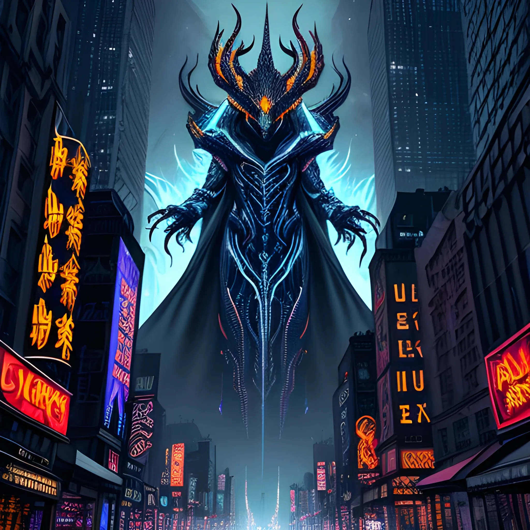 A young boy dressed entirely in a black cloak and wearing a black mask walks down the street with his back facing the viewer, turning his head slightly to look behind him. On both sides of the street are towering skyscrapers adorned with neon lights, each building covered in intricate holographic advertisements and detailed light displays. Above him, a massive black dragon with a large head and flames in its mouth is flying, its scales glistening with intricate patterns. The background should be predominantly black, enhancing the dark atmosphere, with detailed reflections and shadows adding depth. The street is filled with futuristic elements like floating drones and neon signs. The boy's cloak should have subtle light reflections, adding a mysterious and powerful aura. At the bottom of the image, the text "Extreme Beast Control: Shadow of Illusion Z" should be written in a meticulously detailed font that conveys a sense of darkness and sophistication.