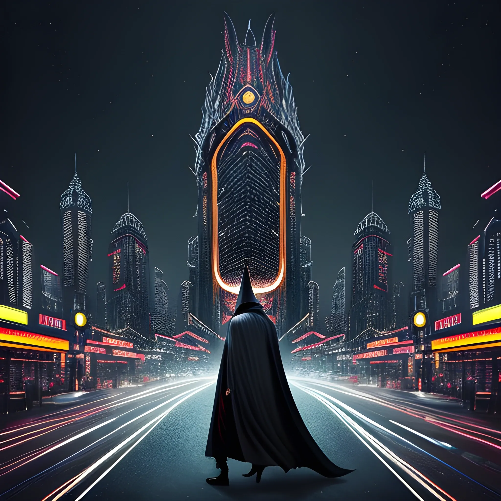 A young boy dressed entirely in a black cloak and wearing a black mask walks down the street with his back facing the viewer, turning his head slightly to look behind him. On both sides of the street are towering skyscrapers adorned with neon lights, each building covered in intricate holographic advertisements and detailed light displays. Above him, a massive black dragon with a large head and flames in its mouth is flying, its scales glistening with intricate patterns. The background should be predominantly black, enhancing the dark atmosphere, with detailed reflections and shadows adding depth. The street is filled with futuristic elements like floating drones and neon signs. The boy's cloak should have subtle light reflections, adding a mysterious and powerful aura. At the bottom of the image, the text "Extreme Beast Control: Shadow of Illusion Z" should be written in a meticulously detailed font that conveys a sense of darkness and sophistication., Trippy