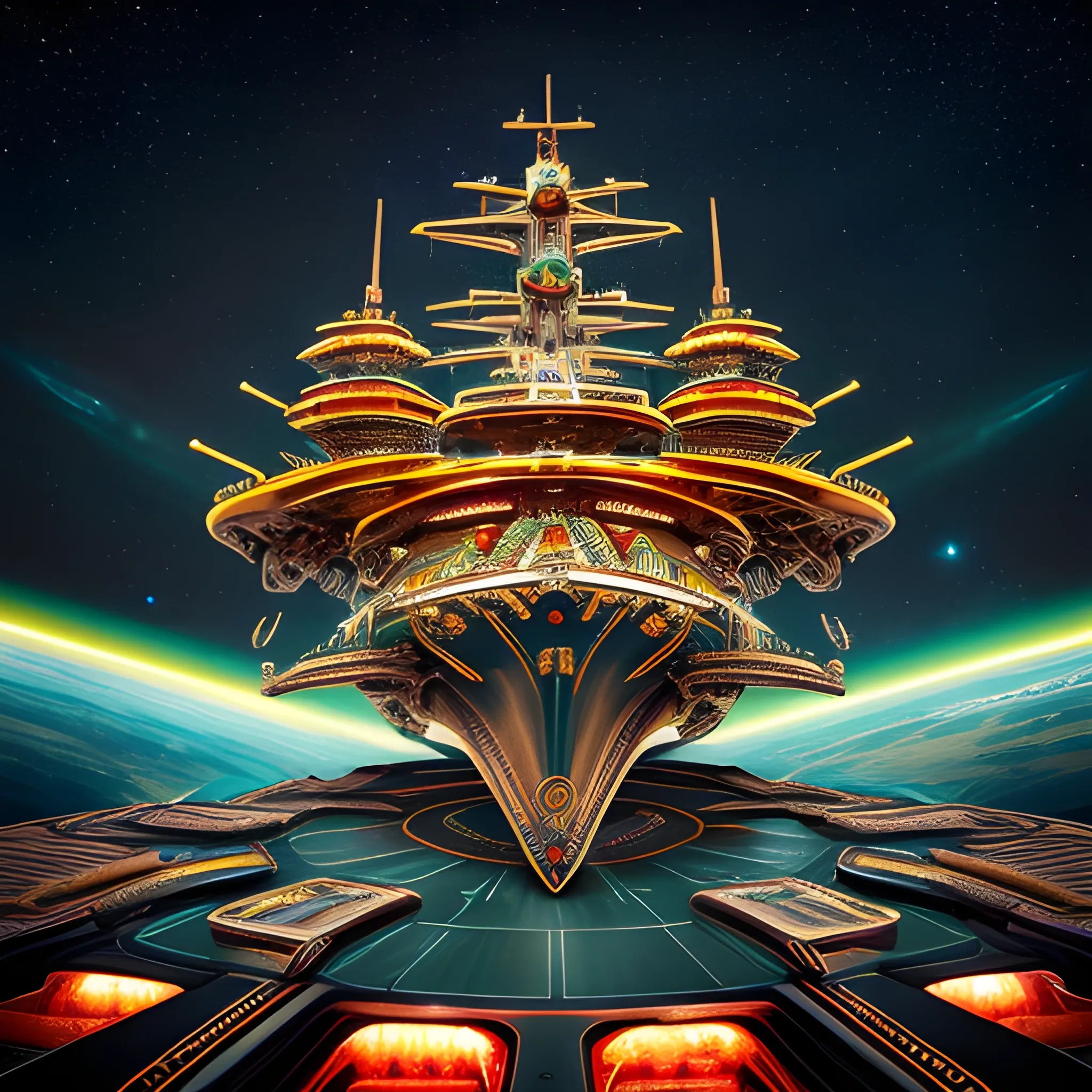 Splendor unfolds, illustration depicting a G'Quan Class Cruiser from Babylon 5 adorned in gold and matte green, silhouette outlined by integrates gears, levers, matte gold, intricate patterns against a dark metallic body, integrated into a brilliant 4D space environment featuring parallelogram-shaped sections, winged nacelles in echoes of USS Enterprise, a mystic castle with 10-mile long drawbridge over a huge lake, to the rest of civilization.(((<lora:DeeSciFi:1.0> <lora:USS Enterprise:1.0>))) A starship of the Design Team of Harlan Ellison, Matt Jeffries, Rick Berman,Mike & Denise Okuda with a steampunk,& metallic wired constructed style, very intricate details, aesthetic.The ship is adorned with golden gears, levers, and intricate patterns, contrasting with its dark metallic body. The background is a cornucopia of stars, distant ships, a comet, nebula, & an Earth-esque planet.750k UHD 4D. (((The starship has 2 blue vibrant diamond nacelles, that are shaped like giant D batteries.)))Mammoth size Cheeseburger pizza, with sausage, pepperoni, salami, dried tomatoes, pineapple, Canadian bacon, bacon, buffalo style chicken, 2 5 pounds each hamburgers, provolone, mozzarella, Colby Jack Cheese, Pepper jack cheese, Fiesta Blend cheese, Mexican Blend Cheese,mild salsa, green peppers, mushrooms, bell peppers, dried cranberries, 2 tablespoons of cinnamon, and Paul Newman's Vodka Sauce. A curly dirty blonde man 5'6", with a streaky red beard, 180lbs, is sitting at table getting ready to eat this mammoth burger. He's wearing a shirt that has 'Mountain Shine' written on it, in neon green & yellow pattern. 750k UHD resolution 4D. (((<lora:DeeSciFi:1.0> <lora:USS Enterprise:1.0>))) A starship of the Design Team of Harlan Ellison, Matt Jeffries, Rick Berman,Mike & Denise Okuda with a royalisticpunk,& metallic wired constructed style, very intricate details, aesthetic.The ship is adorned with golden gears, levers, and intricate patterns, contrasting with its dark metallic body. The background is a cornucopia of stars, distant ships, a comet, nebula, & an Earth-esque planet.750k UHD 4D. (((The starship has 2 blue vibrant diamond nacelles, that are shaped like giant D batteries.)))An awe-inspiring 4D portrait photograph of the iconic USS Enterprise, masterfully designed by an extraordinary team including Harlan Ellison, Matt Jeffries, Rick Berman, and Mike & Denise Okuda. This ship boasts a unique aesthetic with medieval and metallic gold and green matte details that set it apart in the vast, dark universe. The ship's exterior is adorned with intricate golden gears, levers, and patterns, contrasting beautifully with its dark metallic body. The celestial backdrop includes a vibrant array of stars, distant ships, a comet, a nebula, and an Earth-like planet. The ship's two blue diamond-shaped nacelles, reminiscent of giant D batteries, add an extra touch of brilliance to this breathtaking 750k UHD image. A curly dirty blonde man, vibrant, portrait photography, fashion, 3d renderA stunning 4D UHD rendering of a futuristic starship, designed by the creative minds of Harlan Ellison, Matt Jeffries, Rick Berman, and the Okudas. The ship features an intricate blend of medieval and metallic gold and green matte elements, with golden gears, levers, and elaborate patterns adorning its dark metallic body. The striking blue vibrant diamond nacelles, shaped like giant D batteries, stand out against the ship's sleek design. The background is an awe-inspiring celestial landscape, showcasing stars, distant ships, a comet, a nebula, and an Earth-esque planet. This incredible creation is a testament to the fusion of advanced technology, innovative design, and captivating aesthetics in the realm of science fiction., portrait photography, fashion, vibrant, 3d render(((<lora:DeeSciFi:1.0> <lora:USS Enterprise:1.0>))) A starship of the Design Team of Harlan Ellison, Matt Jeffries, Rick Berman,Mike & Denise Okuda with a royalisticpunk,& metallic wired constructed style, very intricate details, aesthetic.The ship is adorned with golden gears, levers, and intricate patterns, contrasting with its dark metallic body. The background is a cornucopia of stars, distant ships, a comet, nebula, & an Earth-esque planet.750k UHD 4D. (((The starship has 2 blue vibrant diamond nacelles, that are shaped like giant D batteries.)))Mammoth size Cheeseburger pizza, with sausage, pepperoni, salami, dried tomatoes, pineapple, Canadian bacon, bacon, buffalo style chicken, 2 5 pounds each hamburgers, provolone, mozzarella, Colby Jack Cheese, Pepper jack cheese, Fiesta Blend cheese, Mexican Blend Cheese,mild salsa, green peppers, mushrooms, bell peppers, dried cranberries, 2 tablespoons of cinnamon, and Paul Newman's Vodka Sauce. A curly dirty blonde man 5'6", with a streaky red beard, 180lbs, is sitting at table getting ready to eat this mammoth burger. He's wearing a shirt that has 'Mountain Shine' written on it, in neon green & yellow pattern. 750k UHD resolution 4D <lora:USS Enterprise:1.0> A starship of Matt Jeffries 's designs with a steampunk,& metallic wired constructed style,very intricate details, aesthetic.The ship is adorned with gold gears, levers,&exact patterns, contrasting with its dark metallic body.Background has many stars,distant ships, a comet, nebula, & an Earth-esque planet.750k UHD 4D. (((<lora:DeeSciFi:1.0> <lora:USS Enterprise:1.0>))). Mammoth size Cheeseburger pizza, with sausage, pepperoni, salami, dried tomatoes, pineapple, Canadian bacon, bacon, buffalo style chicken, 2 5 pounds each hamburgers, provolone, mozzarella, Colby Jack Cheese, Pepper jack cheese, Fiesta Blend cheese, Mexican Blend Cheese,mild salsa, green peppers, mushrooms, bell peppers, dried cranberries, 2 tablespoons of cinnamon, and Paul Newman's Vodka Sauce. A curly dirty blonde man 5'6", with a streaky red beard, 180lbs, is sitting at table getting ready to eat this mammoth burger. He's wearing a shirt that has 'Mountain Shine' written on it, in neon green & yellow pattern. 750k UHD resolution 4DA starship of the Design Team of Harlan Ellison, Matt Jeffries, Rick Berman,Mike & Denise Okuda with a steampunk,& metallic wired constructed style, very intricate details, aesthetic.The ship is adorned with golden gears, levers, and intricate patterns, contrasting with its dark metallic body. The background is a cornucopia of stars, distant ships, a comet, nebula, & an Earth-esque planet.750k UHD 4D. (((The starship has nacelles that are joined together like a wing.))). Insanely symmetrical design. Trippy.