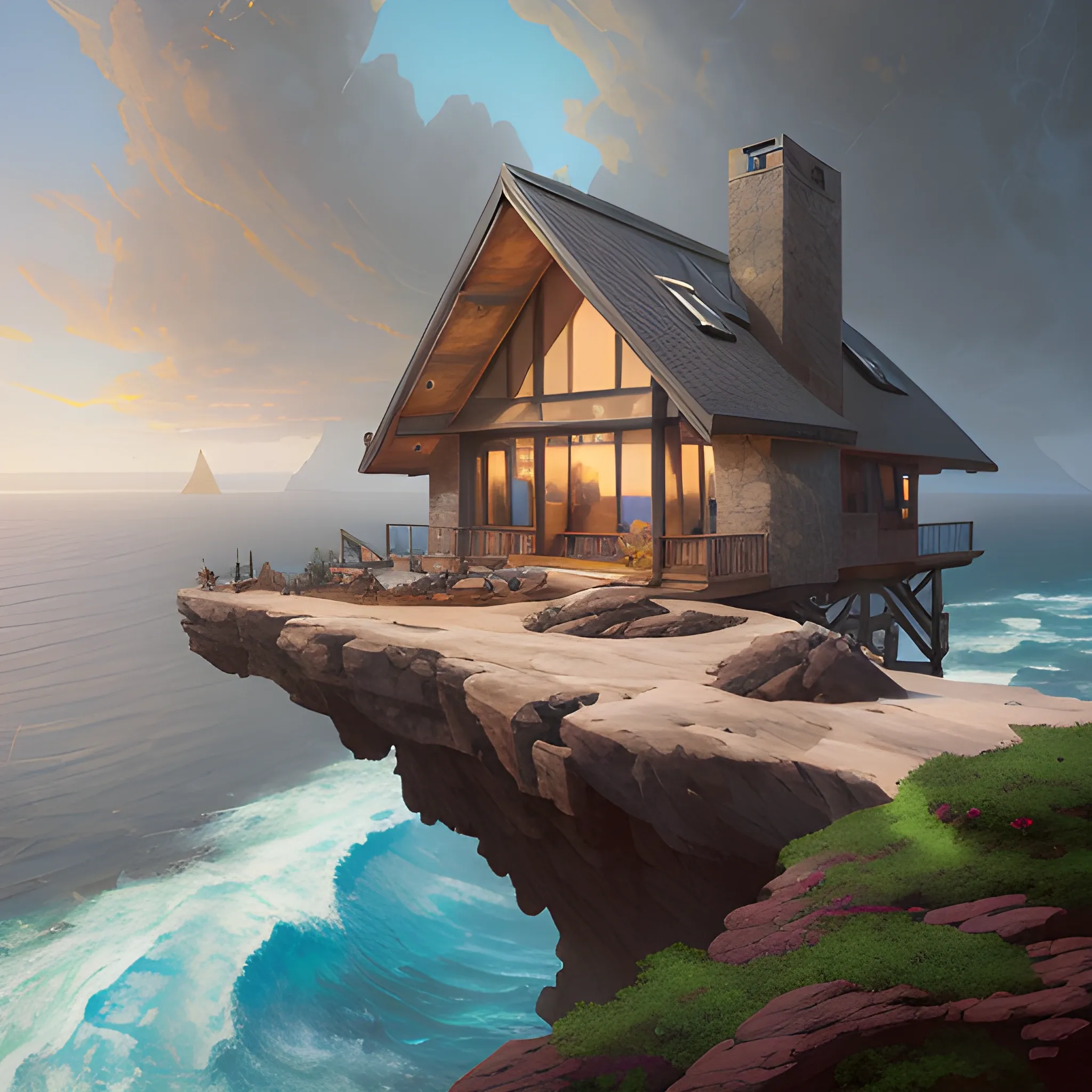 lovely a - frame home sits atop a broad cliff, overlooking the entirety of the blue sky, digital painting by greg rutkowski and gaston bussiere, zbrush, cgsociety contest winner, comprehensive art, intricate, landscape photography, brightly radiant atmosphere, overcast sky, homogeneous to hawaii, 4 k, 8 k , Water Color