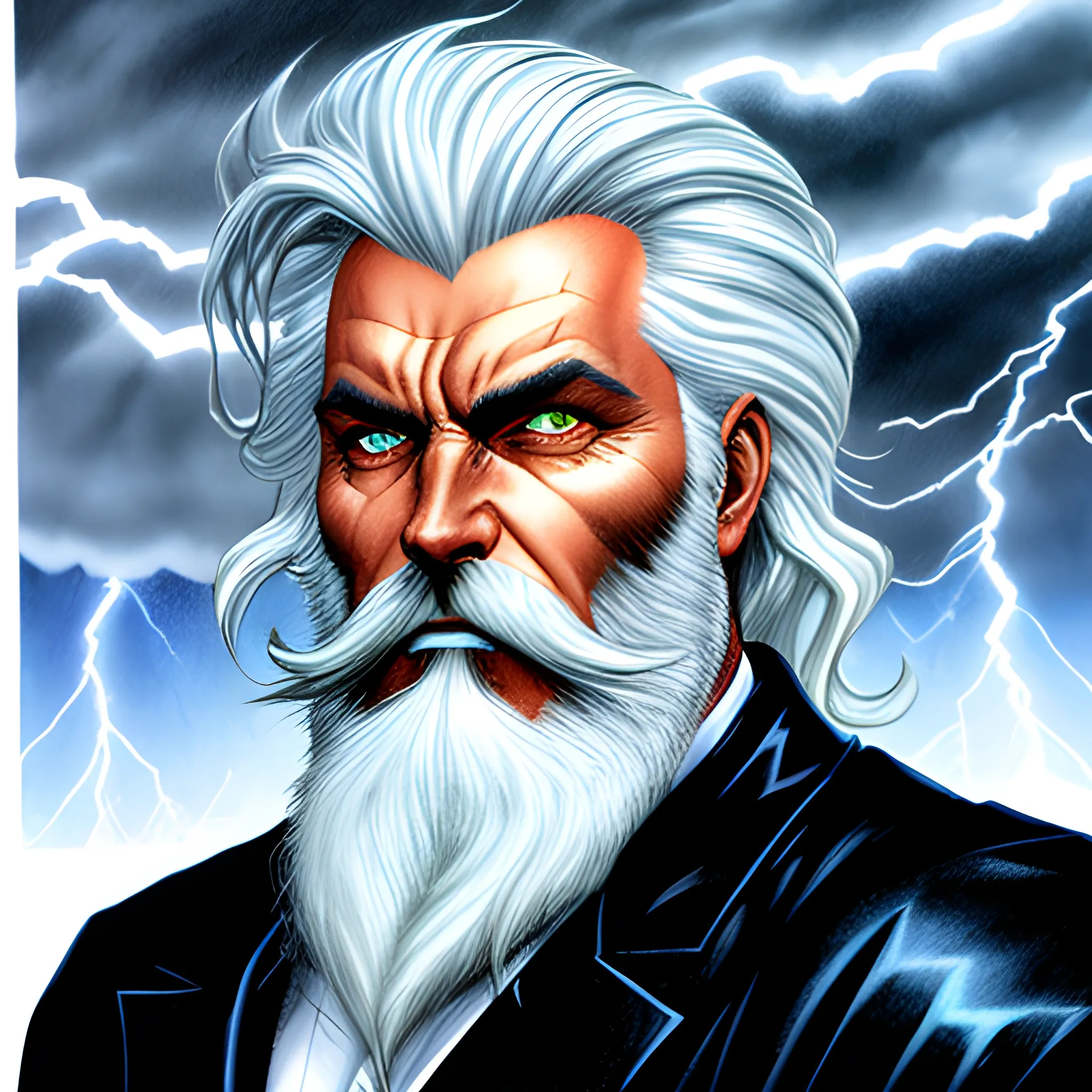 a 20 year old elemental human, lightning beard, blue eyes, nature in stormy background, stormy features, stormy hair, black skin, medium portrait, male, old school art, concept art,  dynamic lighting, , Pencil Sketch, larry elmore style