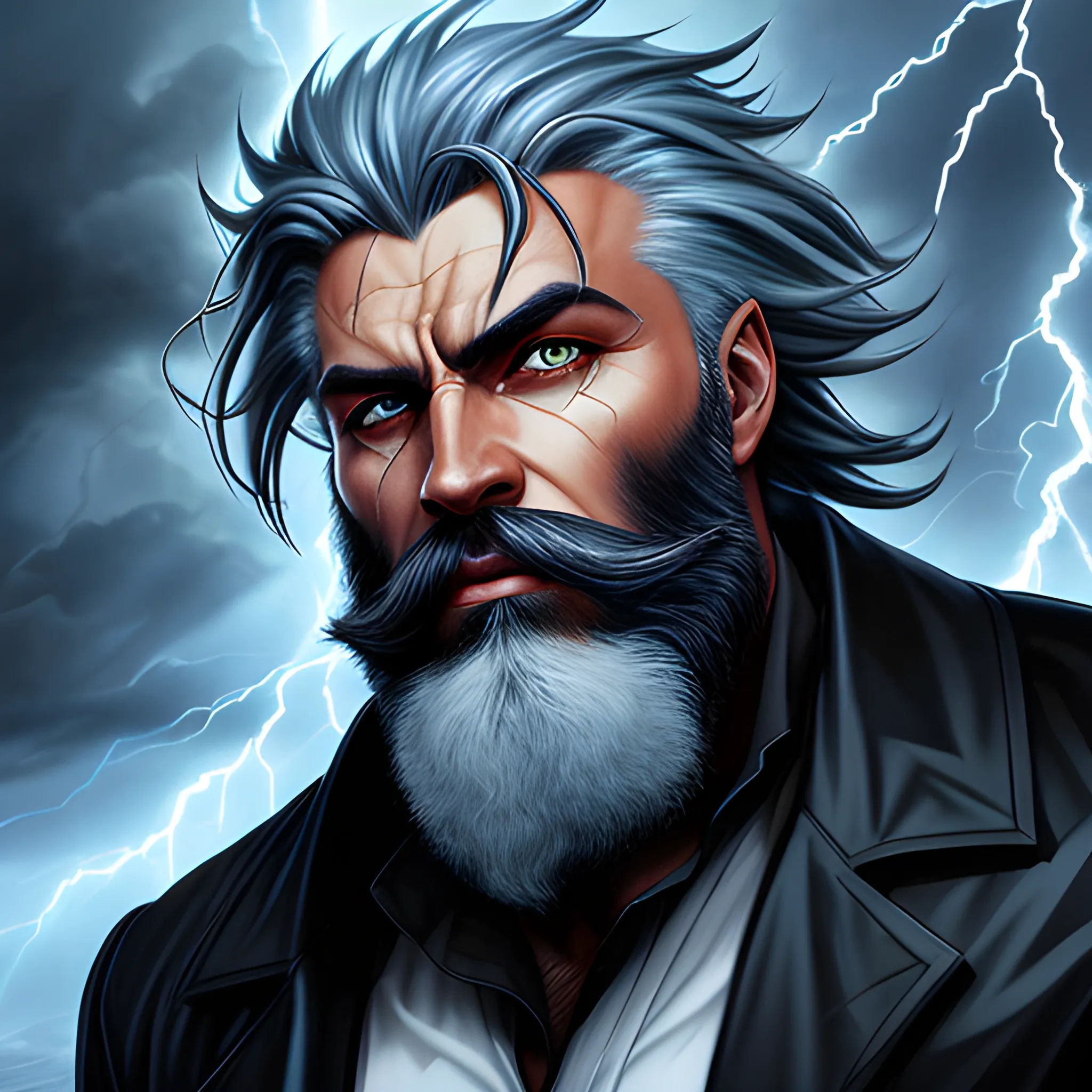 a 20 year old elemental human, lightning beard, blue eyes, nature in stormy background,  young features , stormy hair, black skin, medium portrait, black male, old school art, concept art,  dynamic lighting, , Pencil Sketch,  