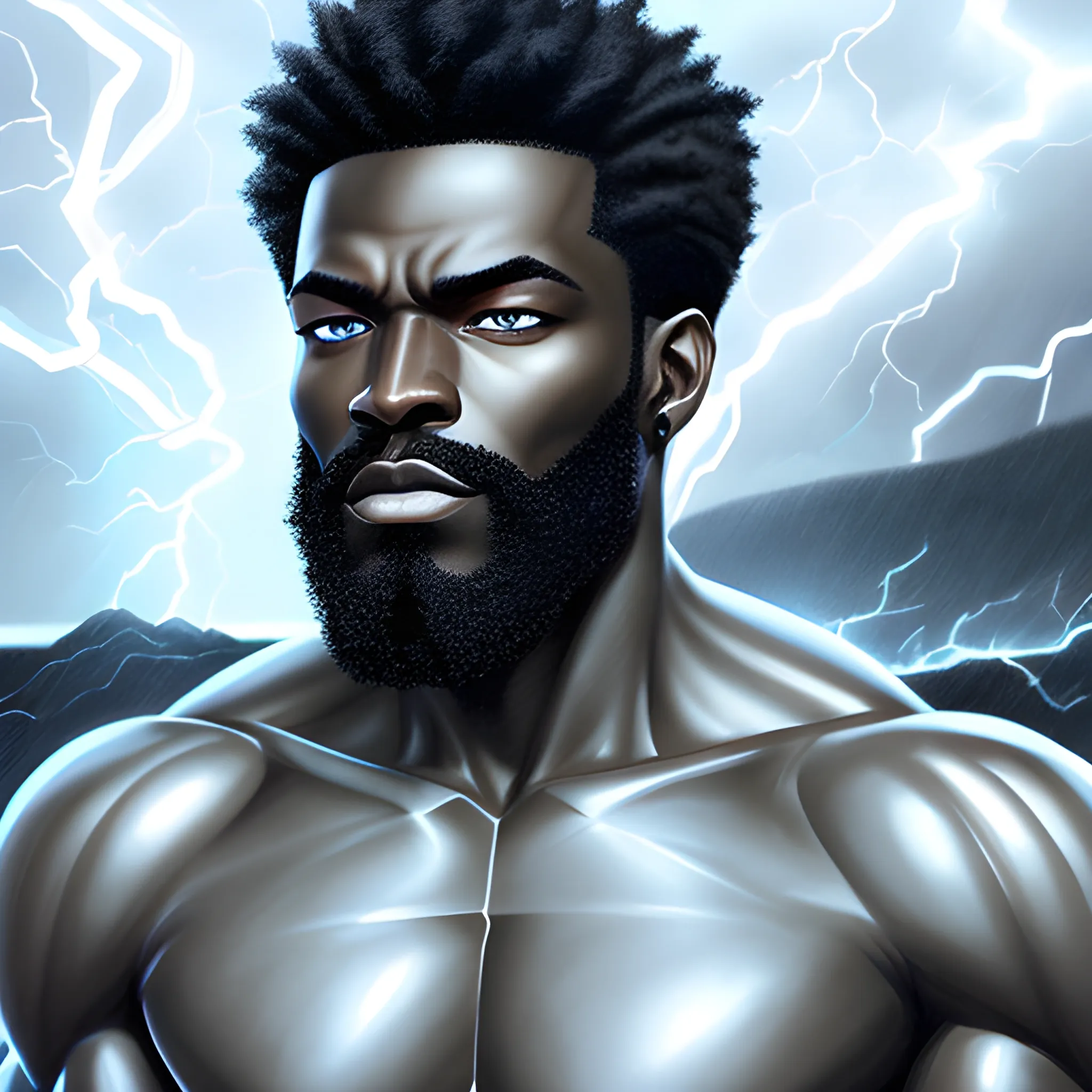 a 20 year old elemental human, lightning beard, blue eyes, with low cut waves hairstyle, nature in stormy background,  young features ,  black skin, medium portrait, black male, old school art, concept art,  dynamic lighting, , Pencil Sketch,  muscular