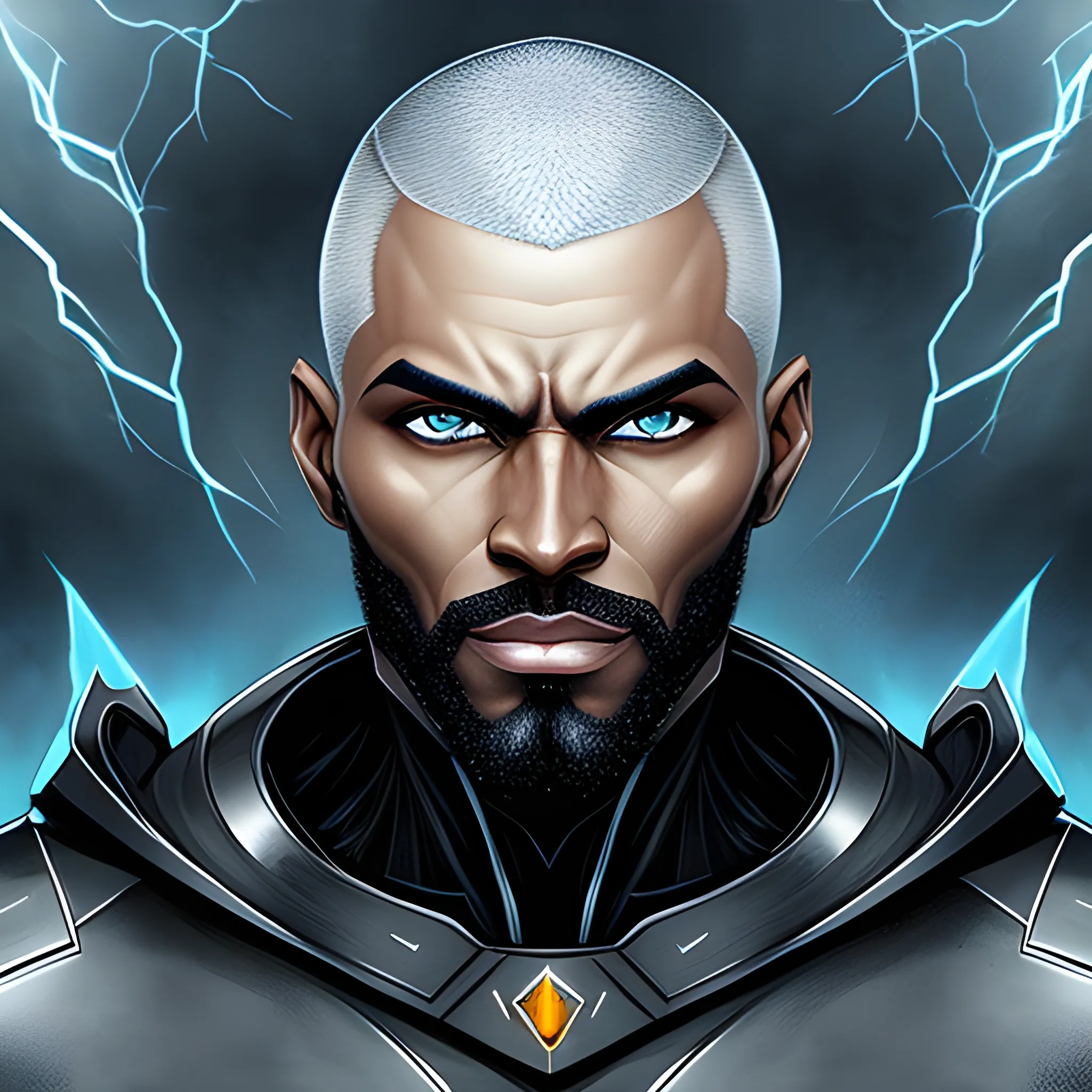 a 20 year old elemental human, lightning beard, blue eyes, with buzzcut hairstyle, nature in stormy background,  young features ,  black skin, medium portrait, black male, old school art, concept art,  dynamic lighting, , Pencil Sketch,  muscular