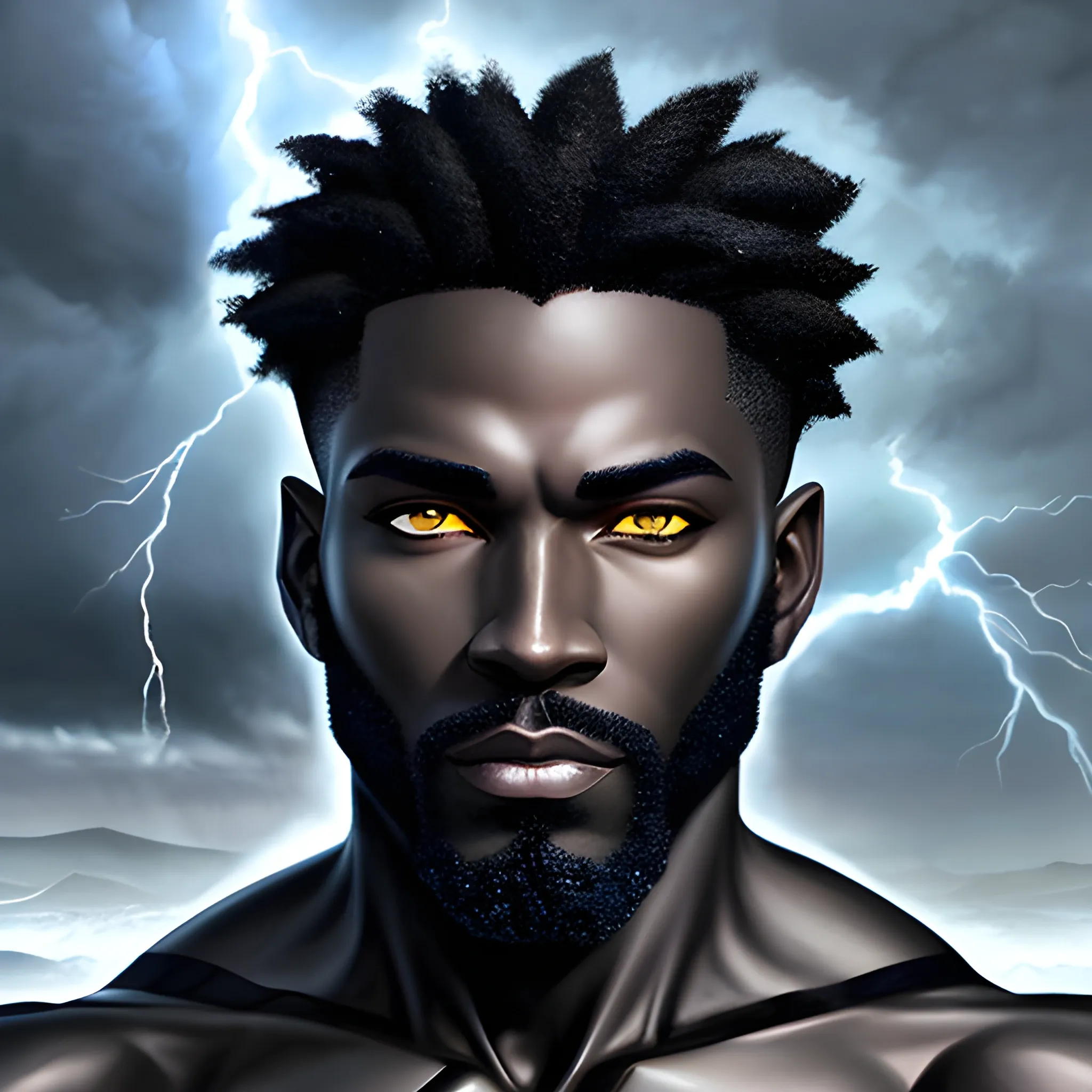 a 20 year old elemental human, lightning beard, blue eyes, with short hairstyle, nature in stormy background,  young features ,  black skin, medium portrait, black male, old school art, concept art,  dynamic lighting, , Pencil Sketch,  muscular