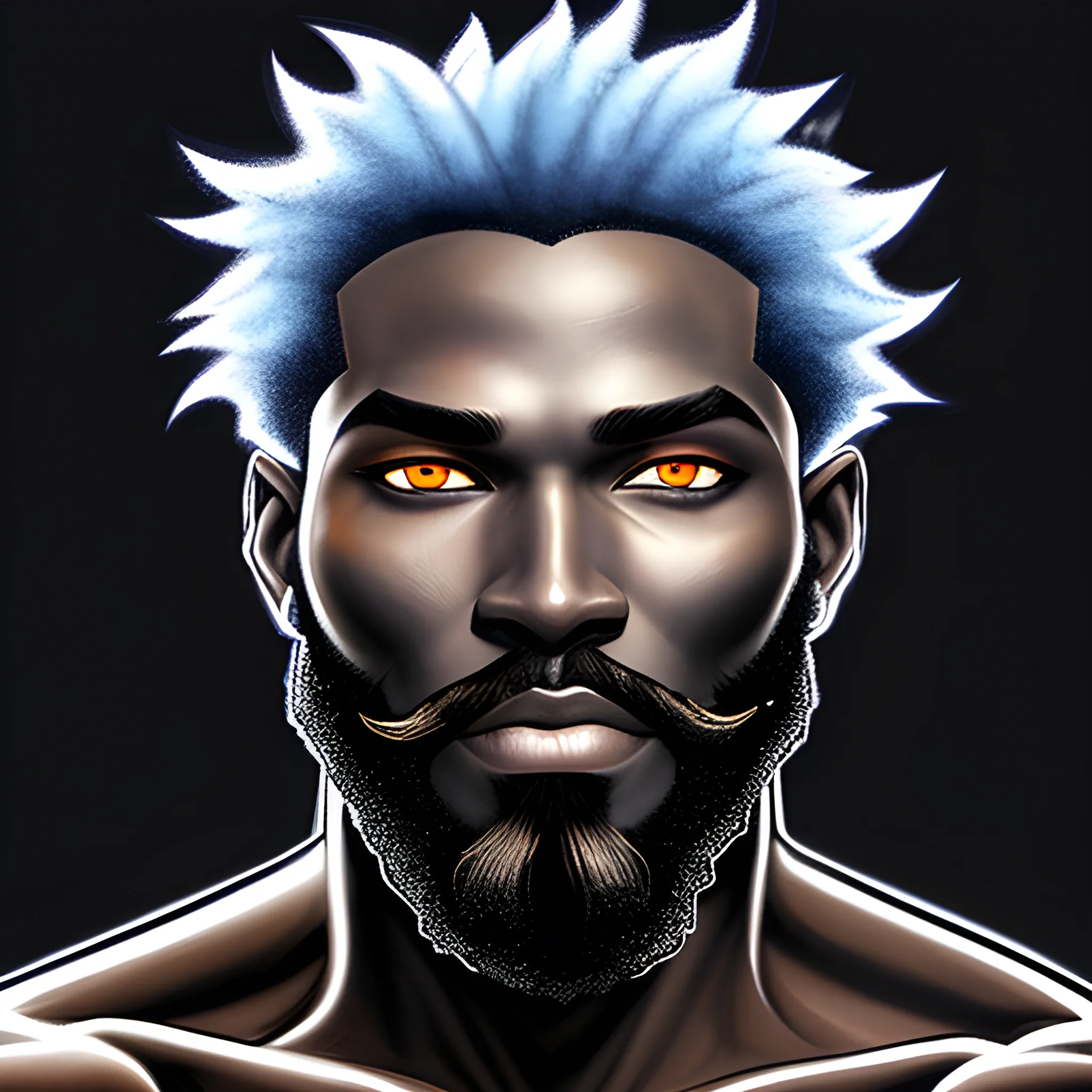 a 20 year old fire elemental human, fiery beard, blue eyes, with short hairstyle, nature in burning background,  young features ,  black skin, medium portrait, black male, old school art, concept art,  dynamic lighting, , Pencil Sketch,  muscular