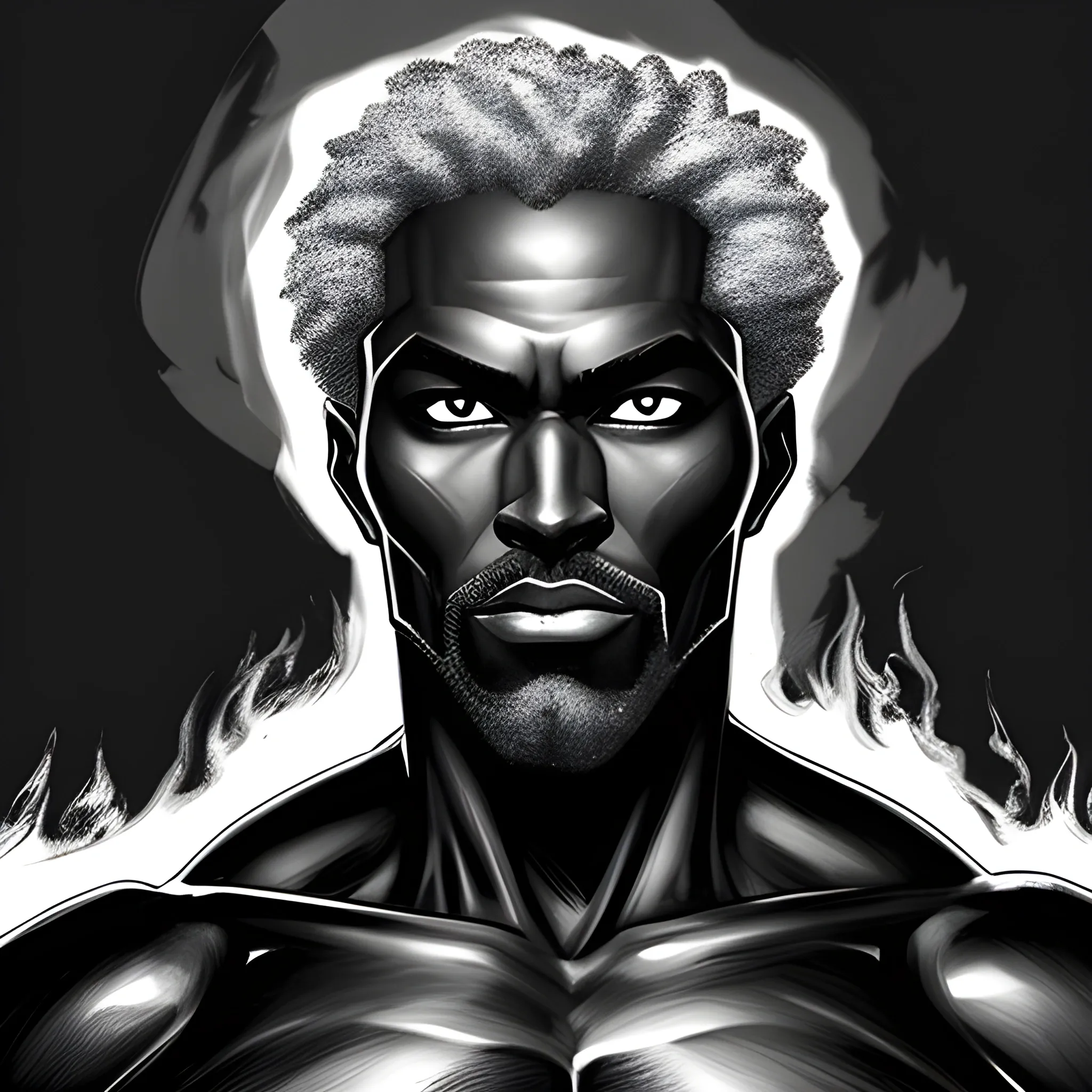 a 20 year old flame elemental human, f beard, red eyes, with very short hairstyle, flame background,  young features ,  black skin, medium portrait, black male, old school art, concept art,  dynamic lighting, , Pencil Sketch,  muscular