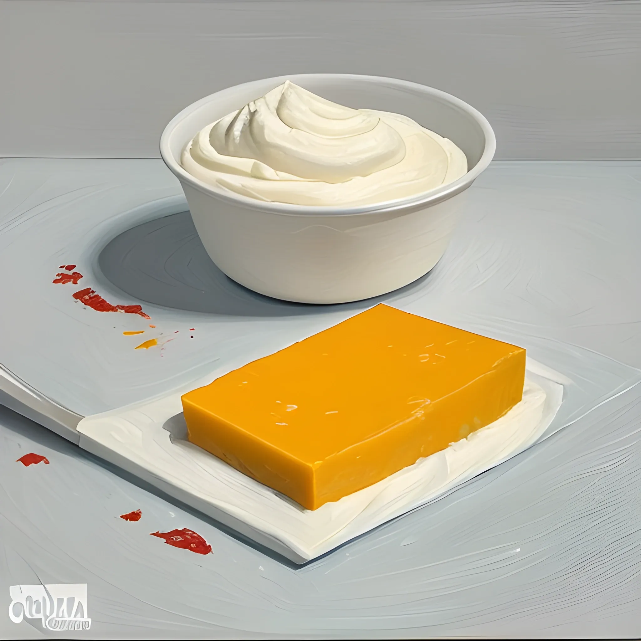 Se descremo parte de la leche para separar la crema, quedando leche descremada para el experimento, la leche restante se utilizó para producir queso cheddar y el suero que se obtuvo durante el proceso fue almacenado para luego elaborar queso ricotta . , Oil Painting