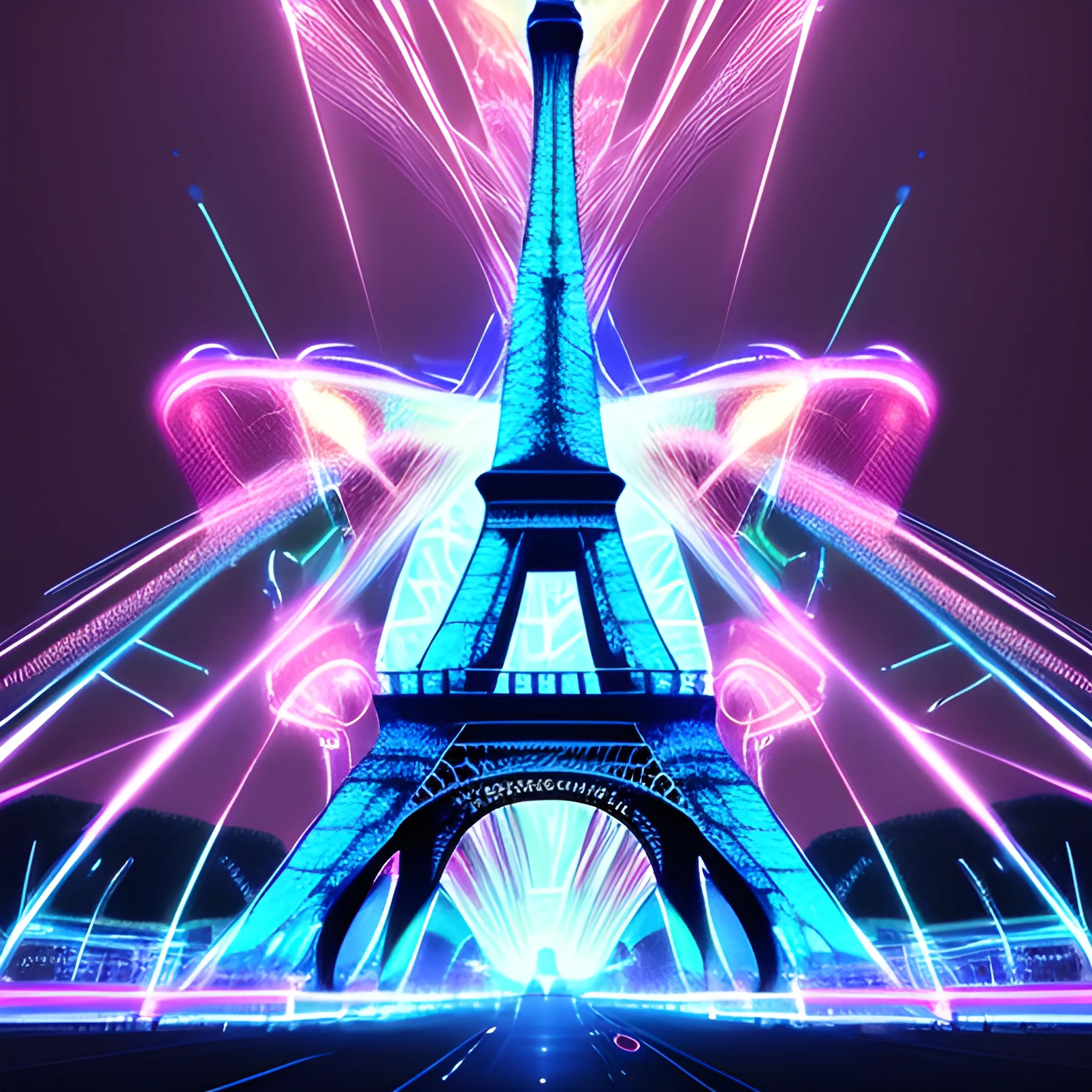 A digital landscape unfolds before us, where a sleek, Surreal glowing magical, A team of Professional cyclists, shorts, motion foggy light yellow and blue, bio-luminescent motion glow, sparkles, its glow emanating from a  Eiffel tower. The atmosphere is electric, with hints of neon and pulsing energy, evoking a sense of dynamic movement and streamlined efficiency.