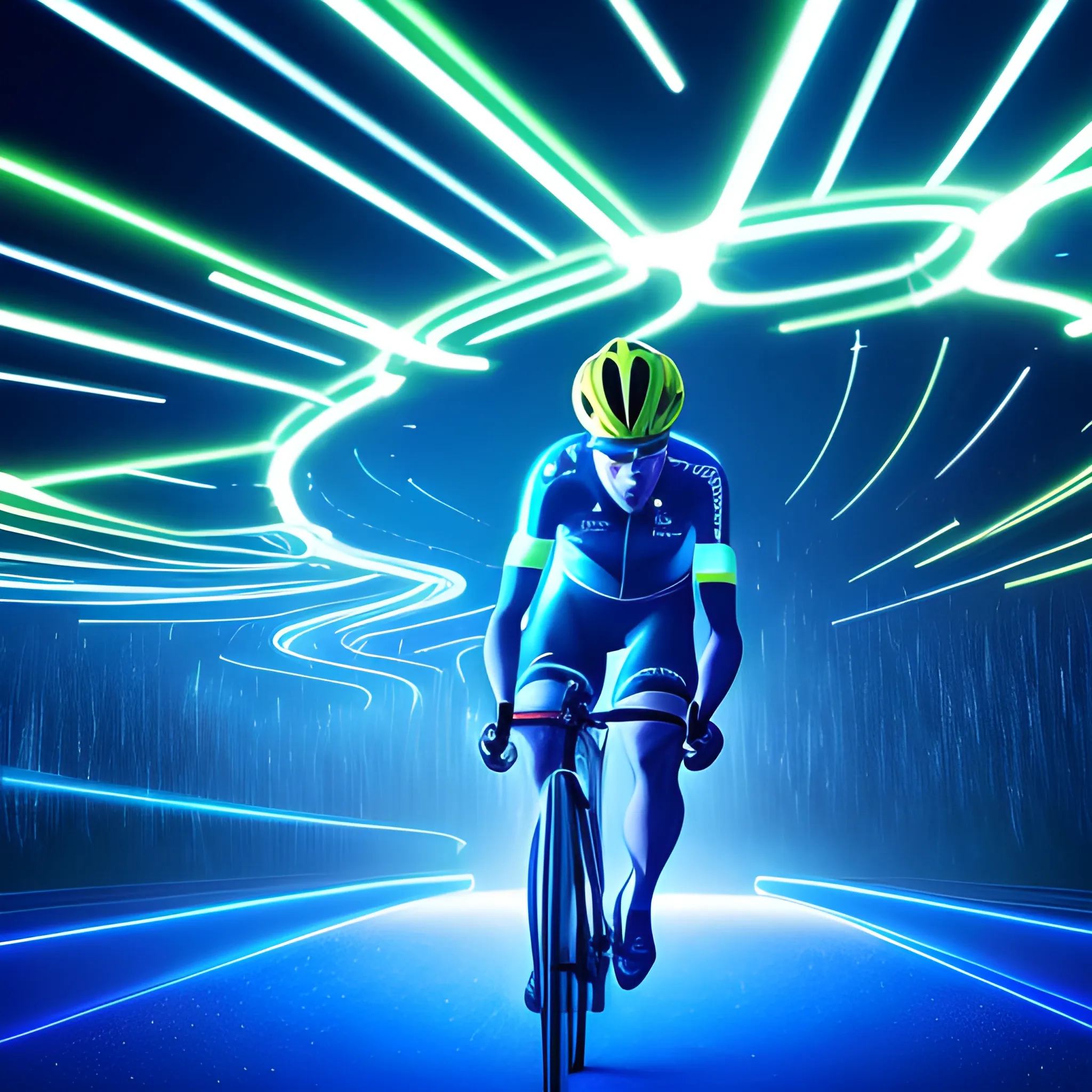 A digital landscape unfolds before us, where a sleek, Surreal glowing magical, A team of Professional cyclists, shorts, motion foggy light yellow and blue, bio-luminescent motion glow, sparkles, its glow emanating from a cyclists. The atmosphere is electric, with hints of neon and pulsing energy, evoking a sense of dynamic movement and streamlined efficiency.