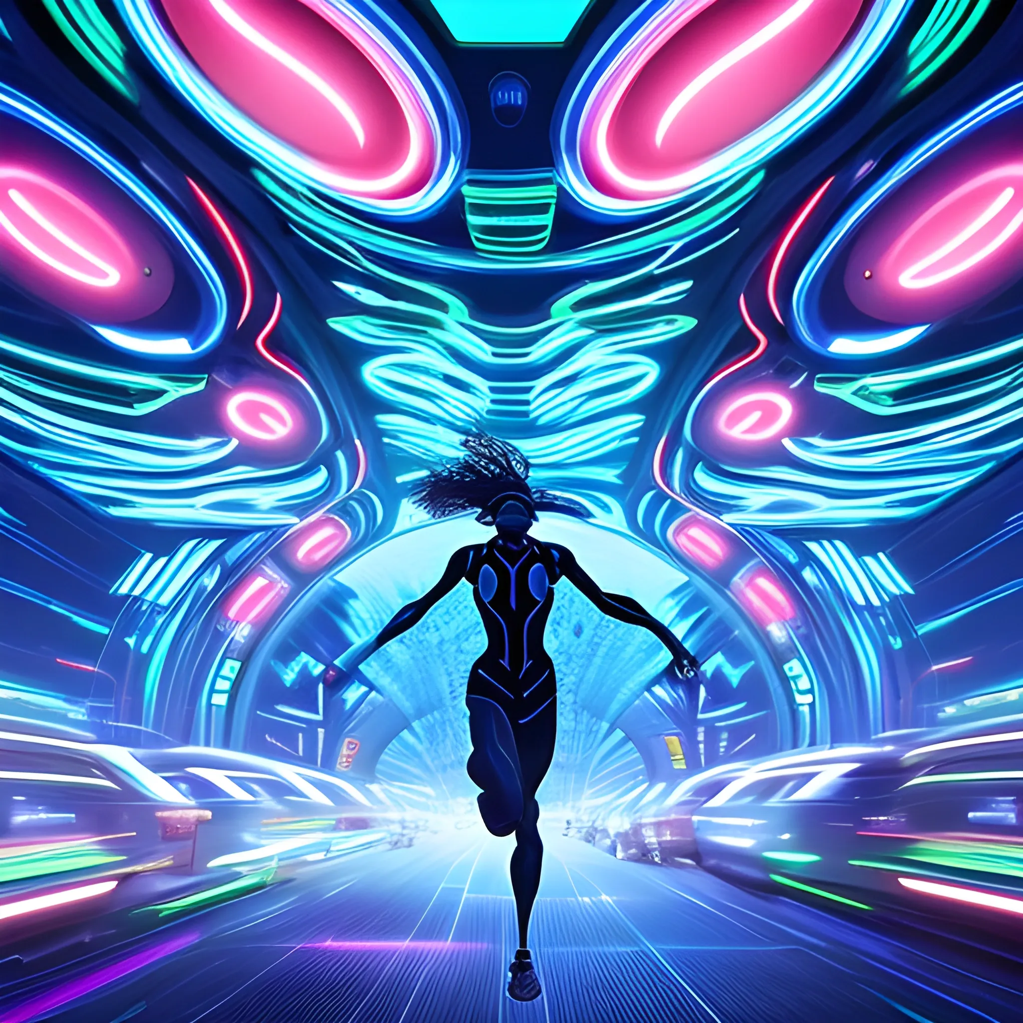 A futuristic, neon-lit cityscape serves as the backdrop for a vibrant, kinetic illustration, where humans and nature coexist in harmony. Silhouetted figures in motion - running, jumping, and cycling - blend seamlessly with swirling patterns of blooming flora, wispy clouds, and abstracted waves. The atmosphere pulsates with an electric blue glow, evoking a sense of urgency and hope. In this dystopian-chic vision, the boundaries between human physicality and the natural world dissolve, emphasizing the symbiotic relationship between exercise and environmental wellness, 