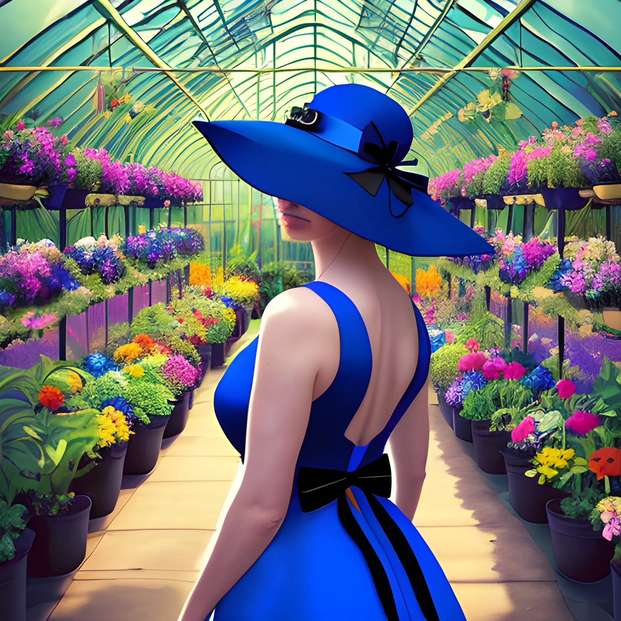 create for me a background of a dark greenhouse full of colorful flowers and a full-length woman with her back turned in a royal blue dress and a royal blue sunhat with a black ribbon, with her head half turned so that a bit of the profile of her face can be seen. dark environment style, and Trippy style