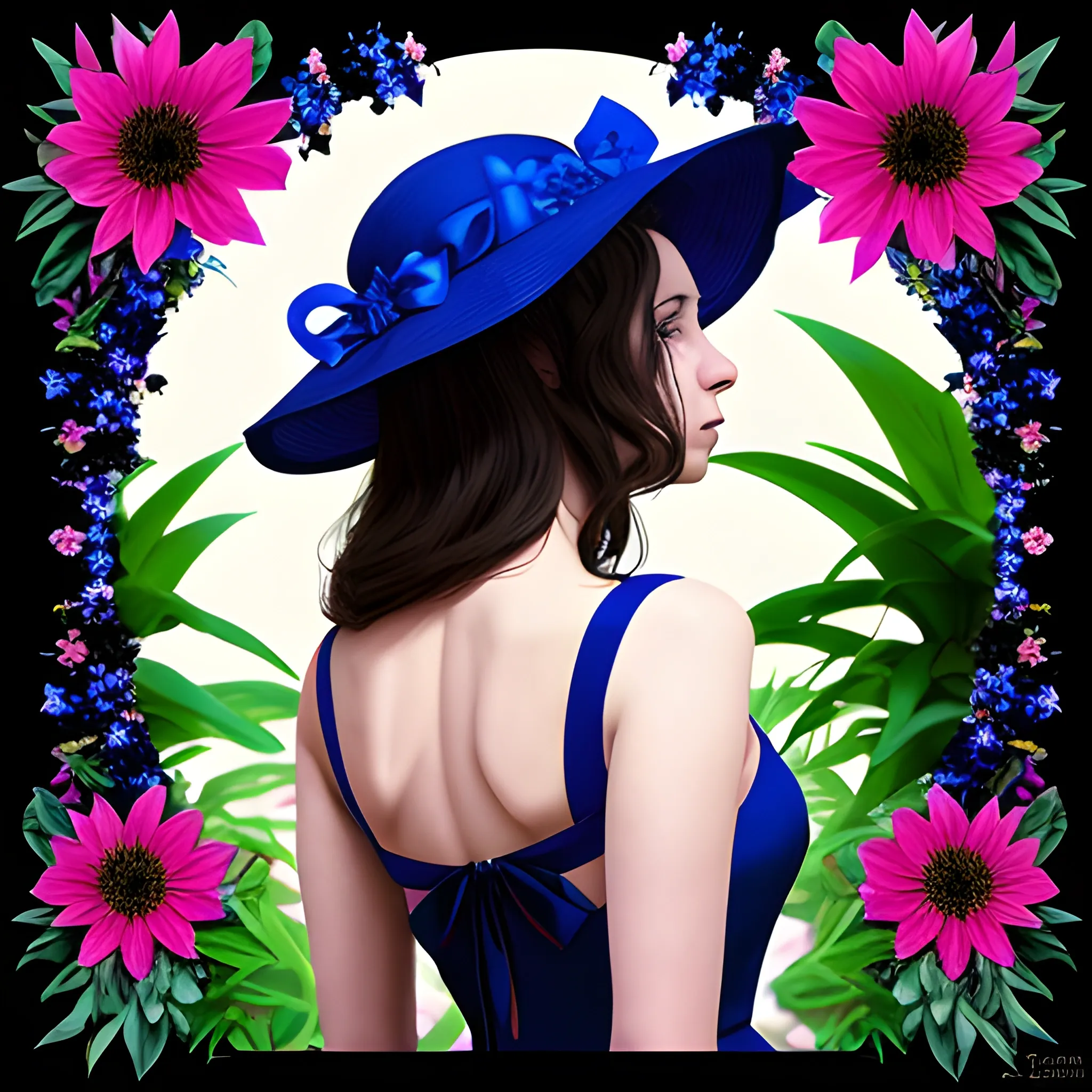 create for me a background of a dark greenhouse full of colorful flowers and a full-length woman with her back turned in a royal blue dress and a royal blue sunhat with a black ribbon, with her head half turned so that a bit of the profile of her face can be seen. dark environment style, and Trippy style