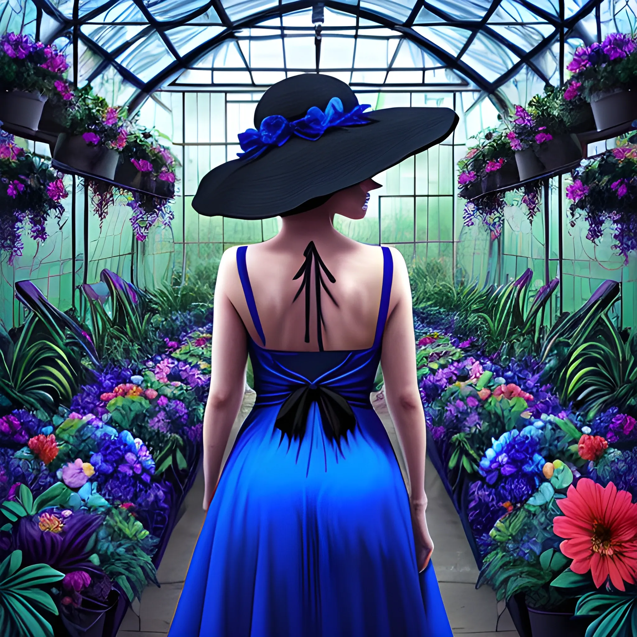 create for me a background of a dark greenhouse full of colorful flowers and a full-length woman with her back turned in a royal blue dress and a royal blue sunhat with a black ribbon, with her head half turned so that a bit of the profile of her face can be seen. dark environment style, and Trippy style