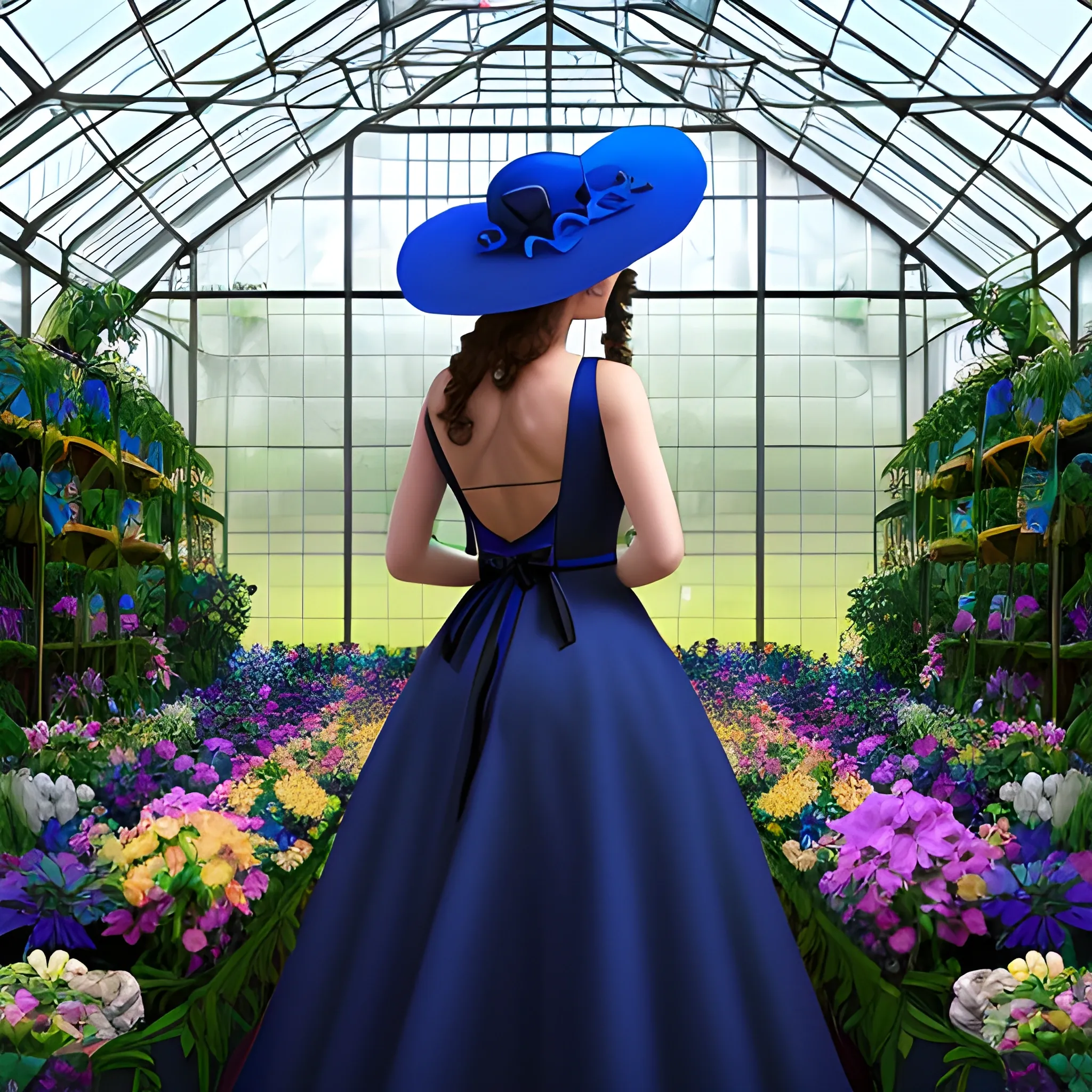 create for me a background of a dark greenhouse full of colorful flowers and a full-length woman with her back turned in a royal blue dress and a royal blue sunhat with a black ribbon, with her head half turned so that a bit of the profile of her face can be seen. dark environment style, and , 3D