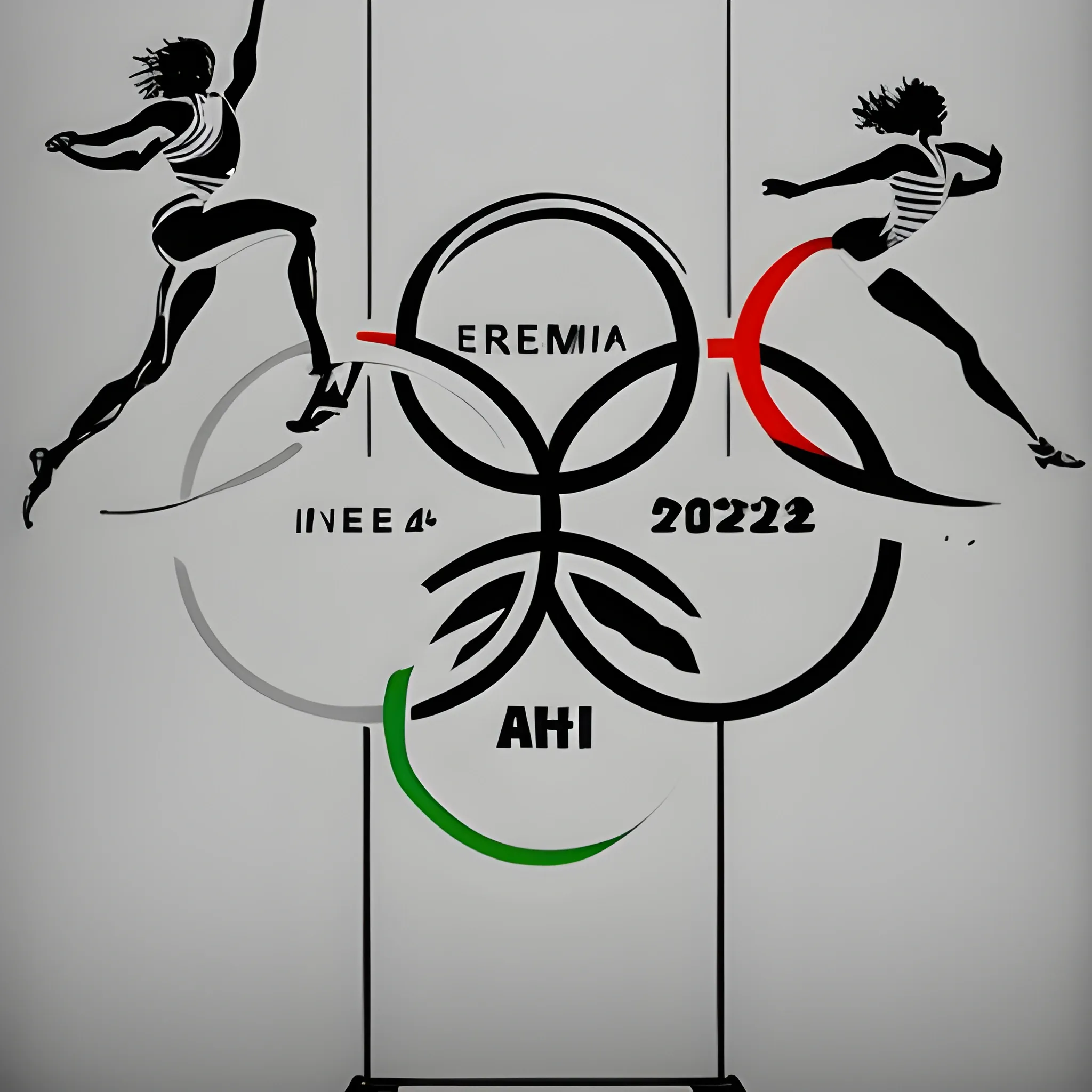 Minimalist ink art, double exposure of read text "Olympic 2024" elegant of a different Athletes from different sports jumping out from Olympic Rings, focus, motion blur indicating swift movements, high energy, trending on art-station, sharp focus, intricate details, 