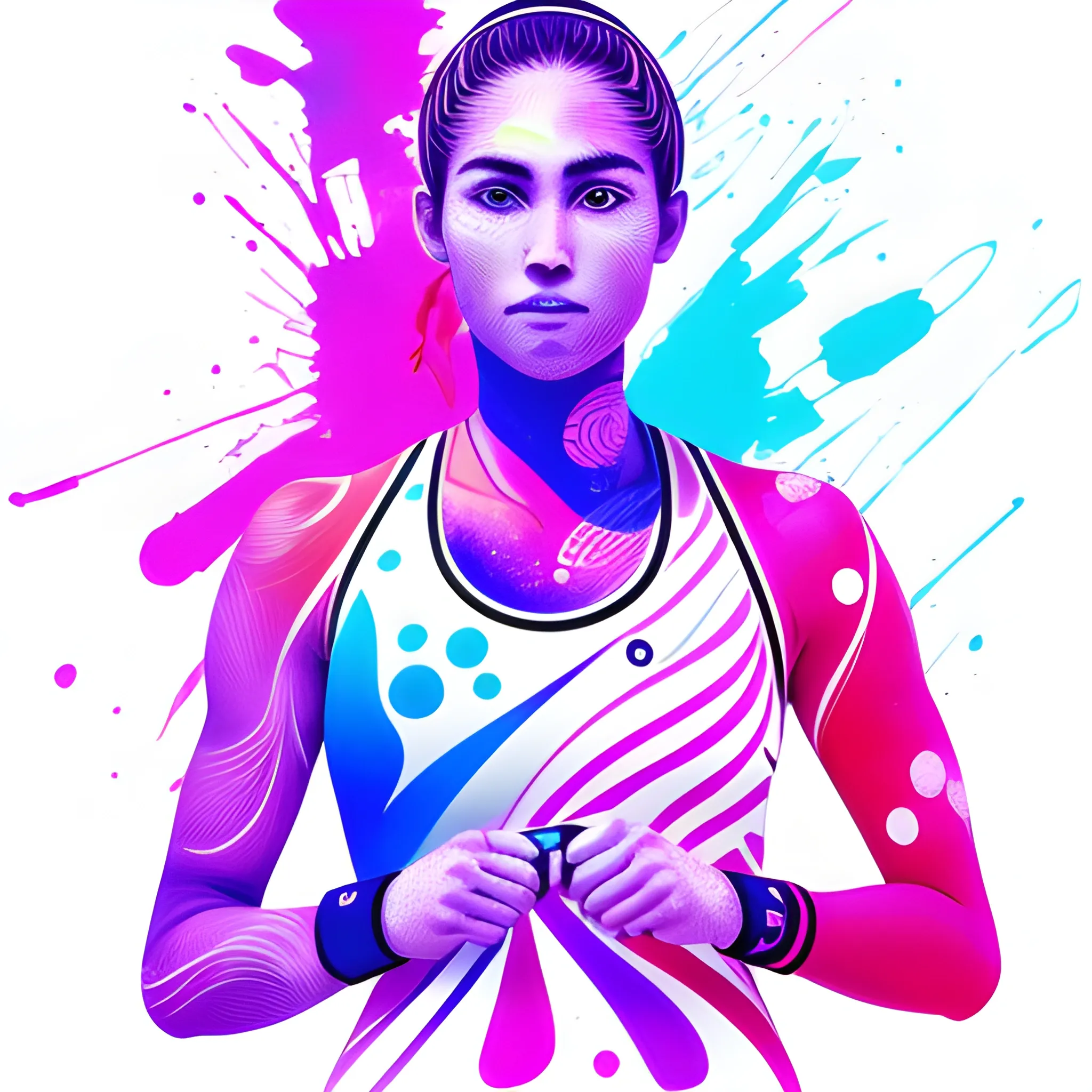 Minimalist ink art, female tennis player to celebrate victory in Olympic games, Championship moment, decorated with detailed body painting, adding an element of artistry and fluorescence to the composition. vibrant colors, bold lines, Olympic Rings with Motion pink dot, purple gradient background