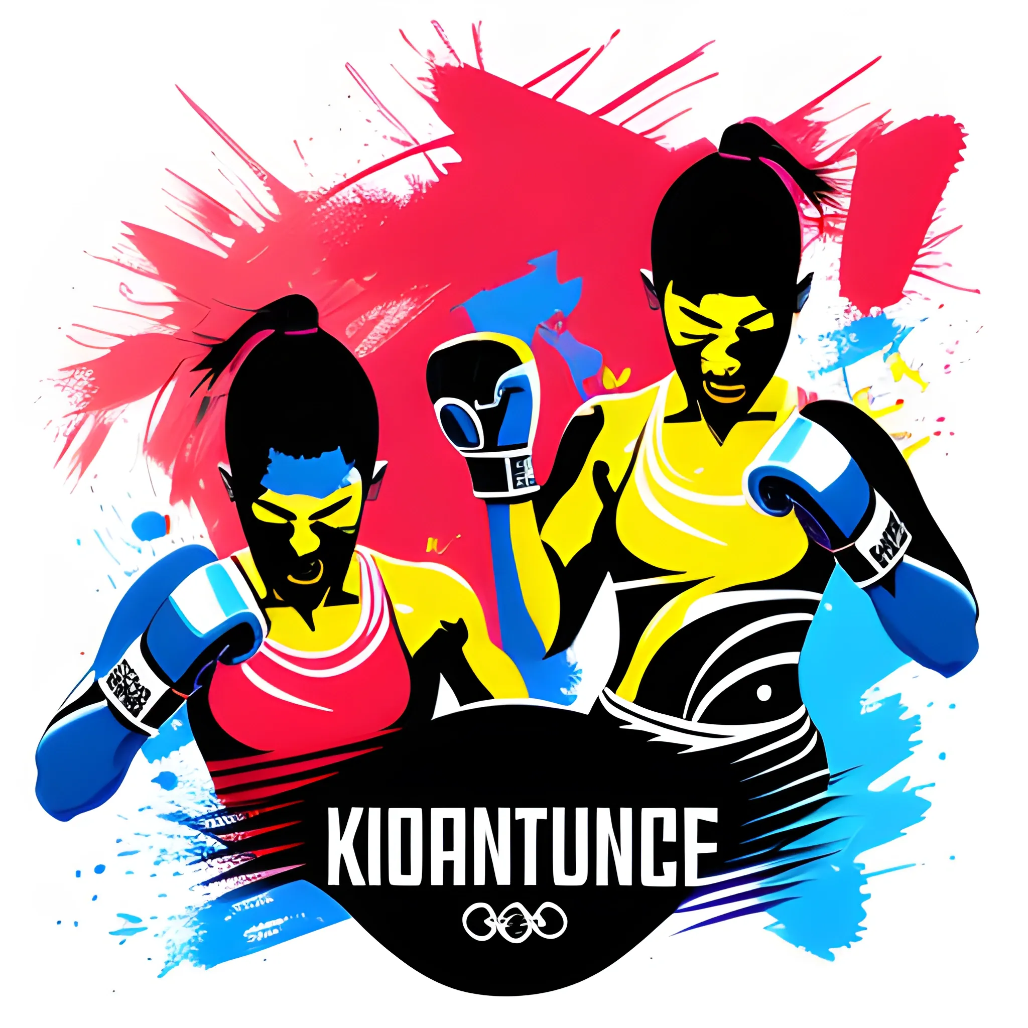 Vector art, Minimalist ink art, two kickboxing players in Olympic games, Championship moment, decorated with detailed body painting, adding an element of artistry and fluorescence to the composition. vibrant colors, bold lines, Olympic Logo with red gradient background