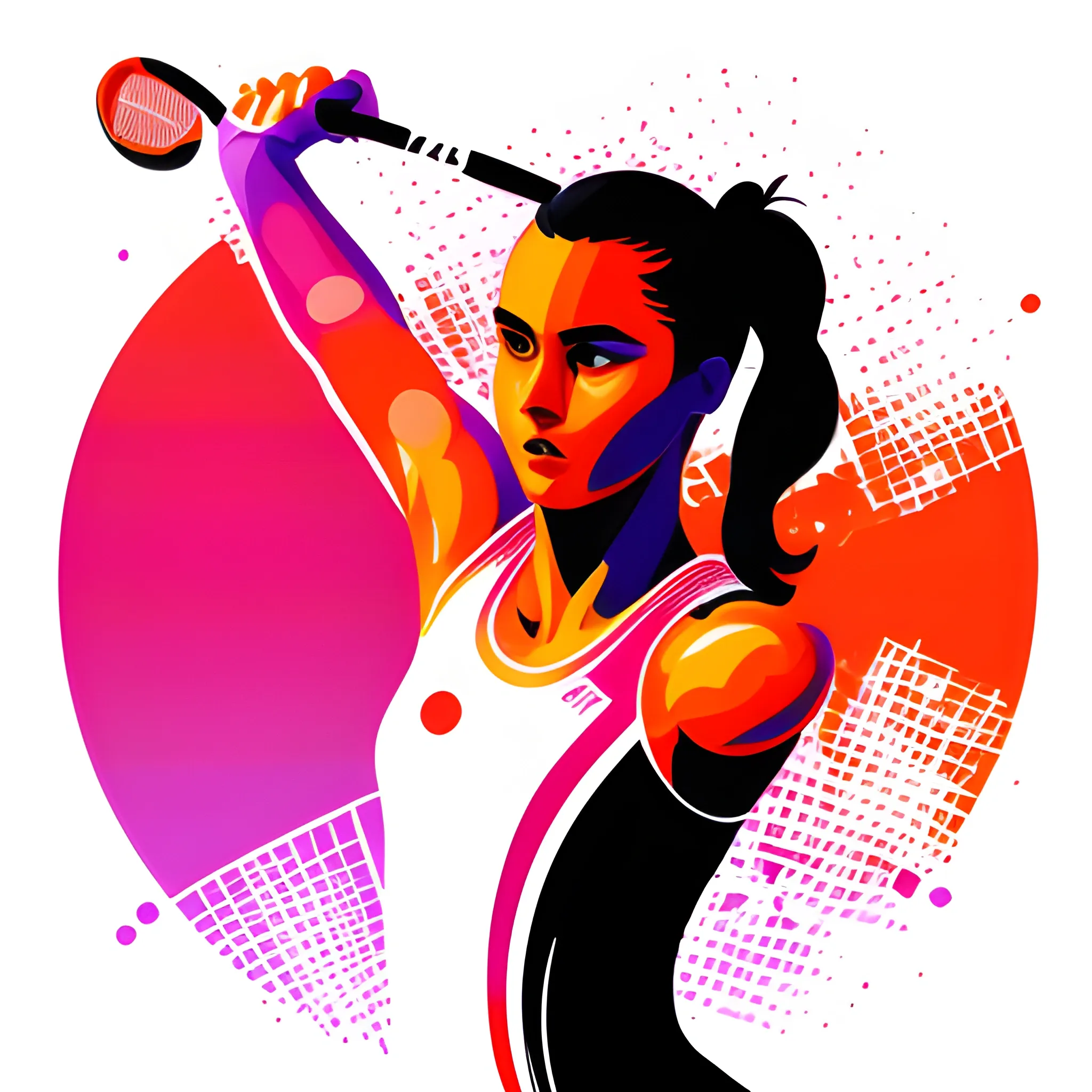 Vector art, Minimalist ink art, female tennis player, promotional poster in Olympic games, Championship moment, decorated with detailed body painting, adding an element of artistry and fluorescence to the composition. vibrant colors, bold lines, Olympic Logo with red gradient background