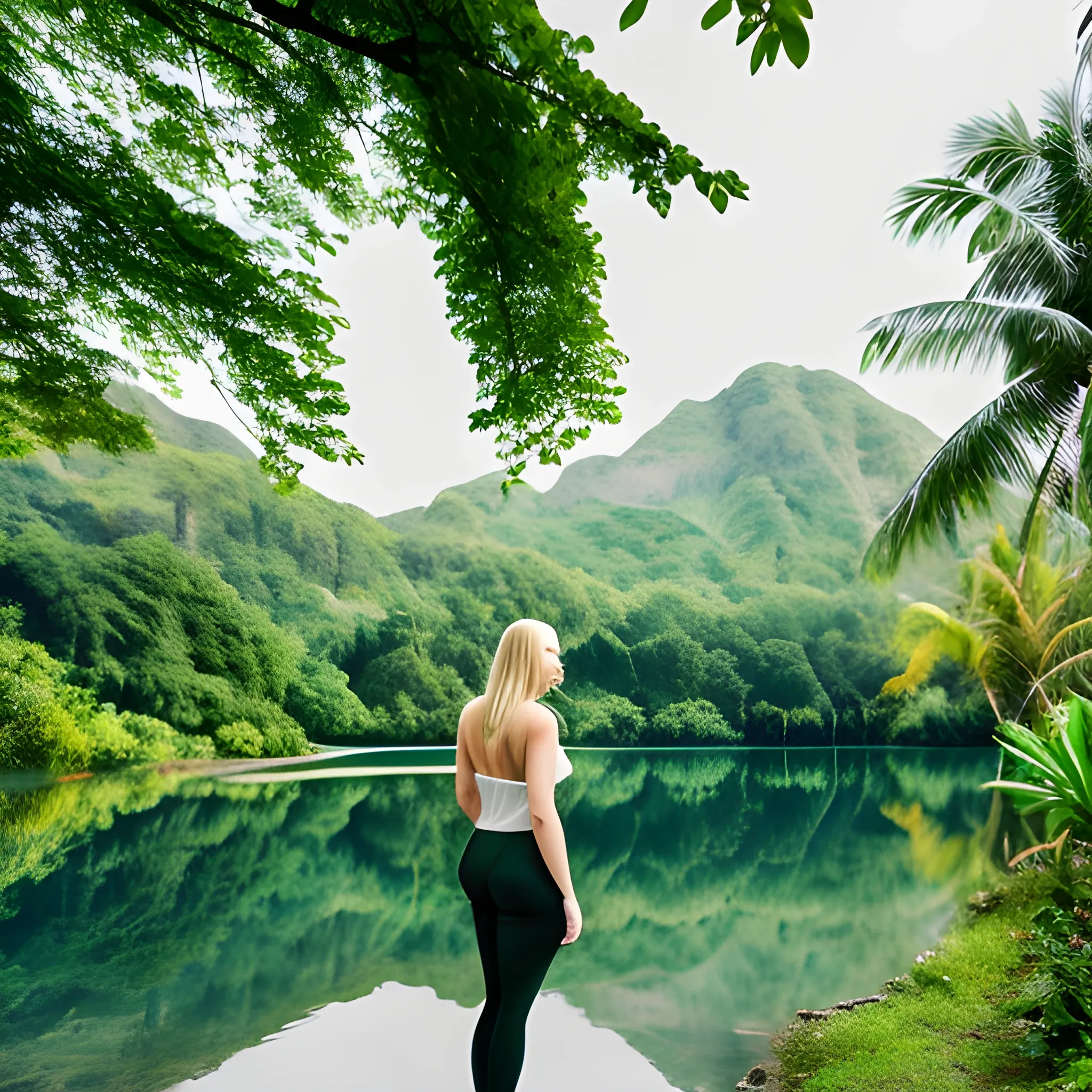 blonde girl standing at a lake in lush green tropical nature