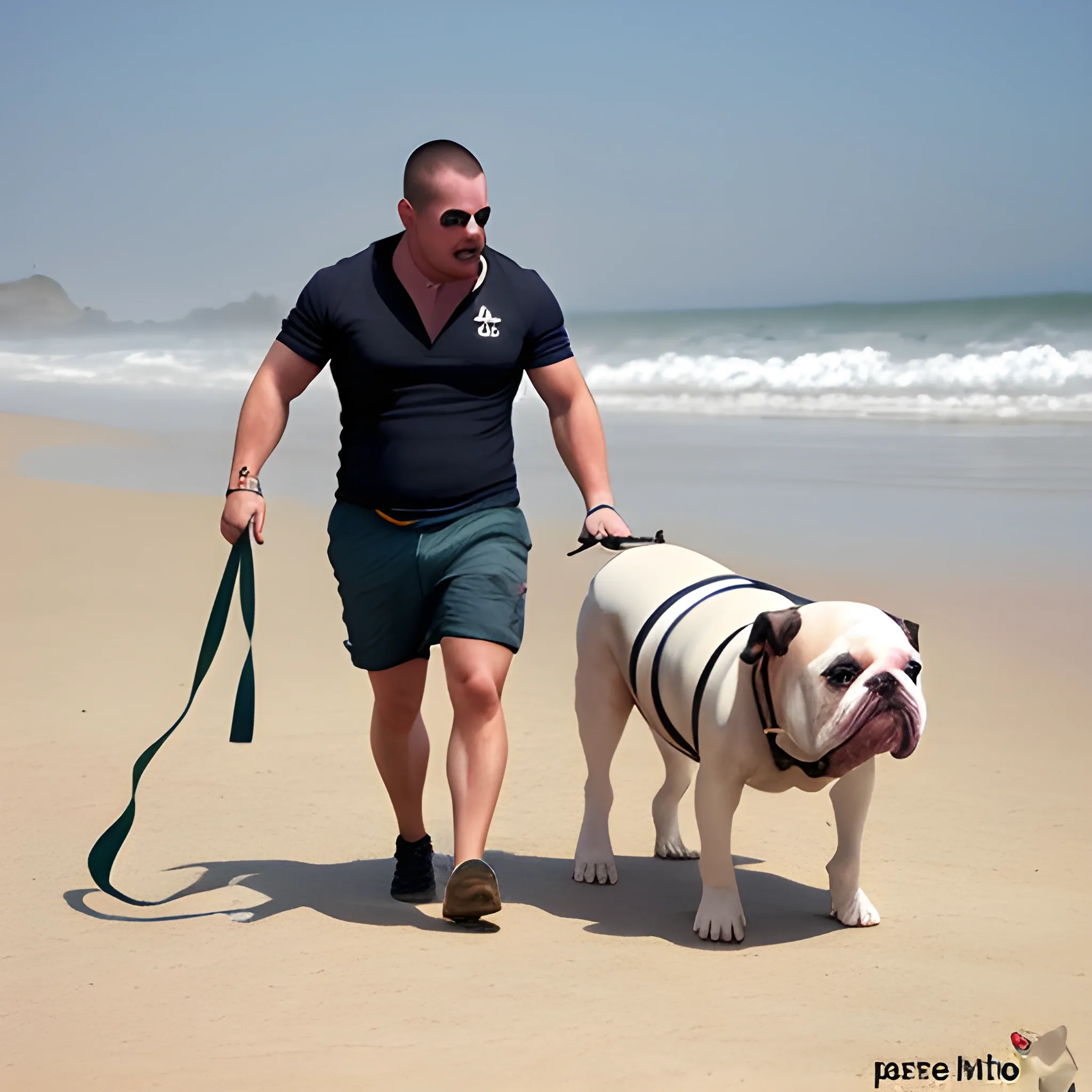 hombre calvo musculoso con perro bulldog ingles musculoso en la playa
, 3D