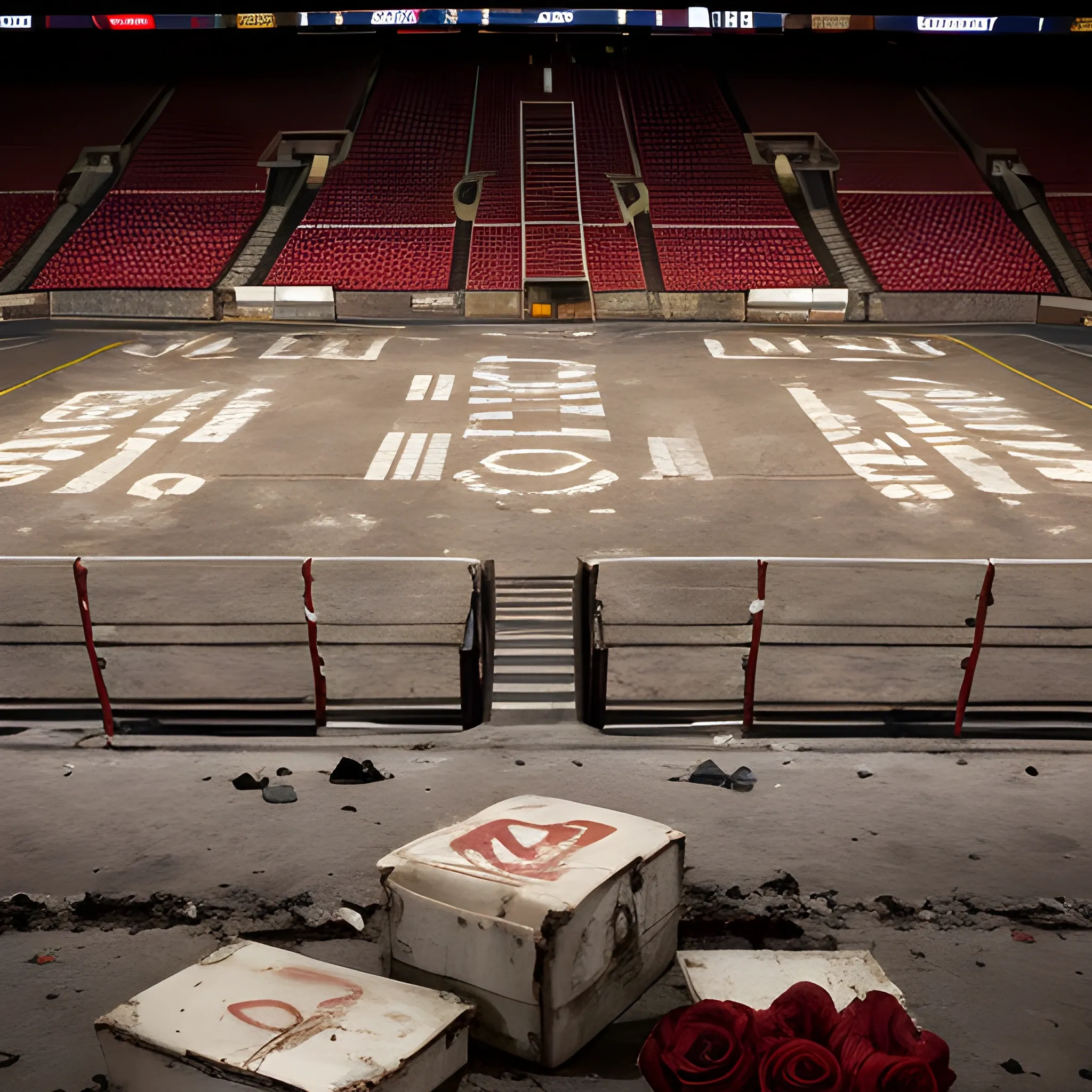 A desolate ring stands empty in the heart of a deserted stadium, remnants of cheers now echoes in the cavernous silence. The scarred boxing gloves holding a red rose, once tools of defiance, now rest in a heap like discarded flags. The once vibrant posters, now somber remnants of a fallen idol, litter the stands. Air hangs thick with the bittersweet smell of defeat, yet a defiant spirit lingers in the pale glow of the post-fight lights.