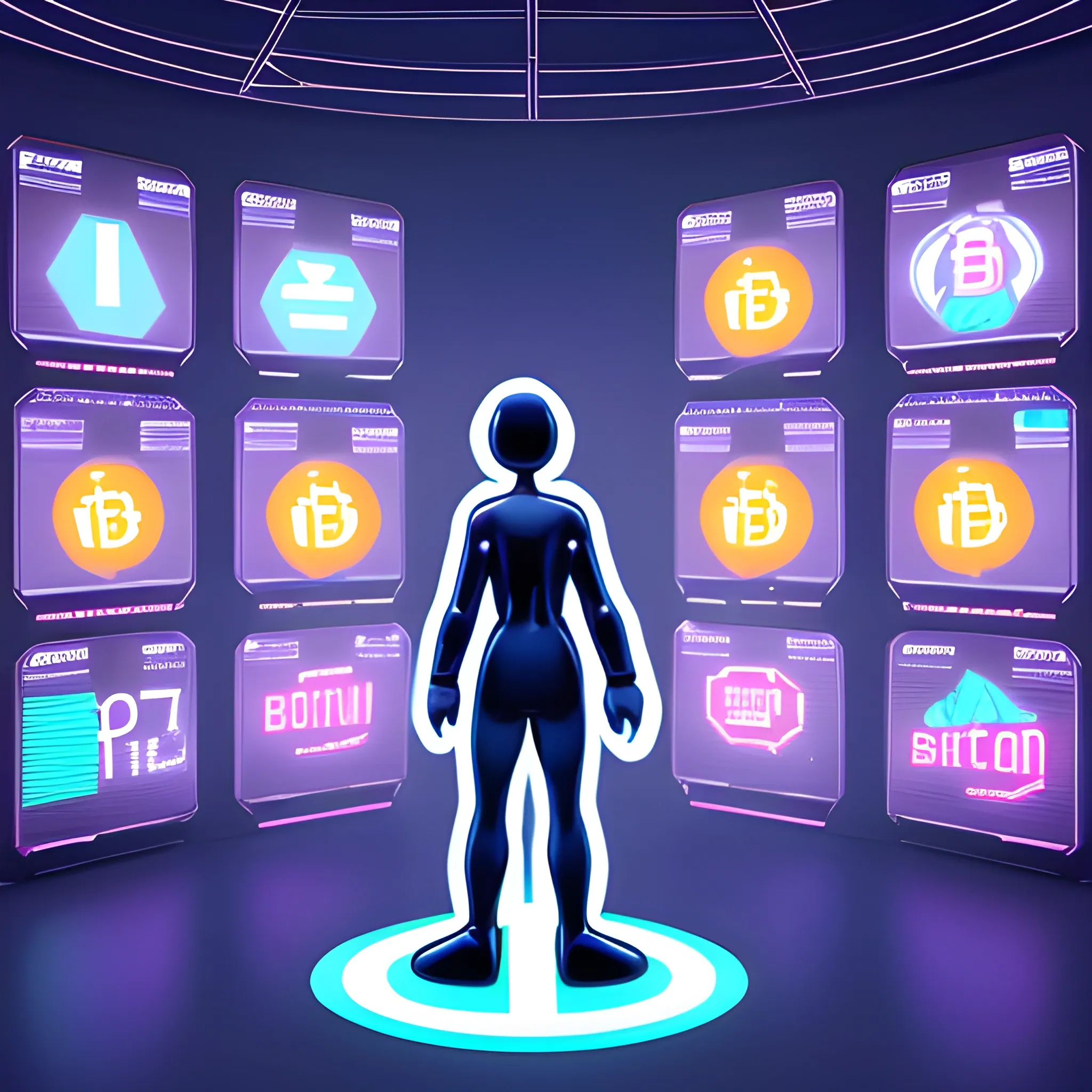 A solitary figure, standing in a bustling virtual marketplace, extends a single digit to press against a glowing, bitcoin icons Surrounding them, vibrant holograms of Mewtwo. 