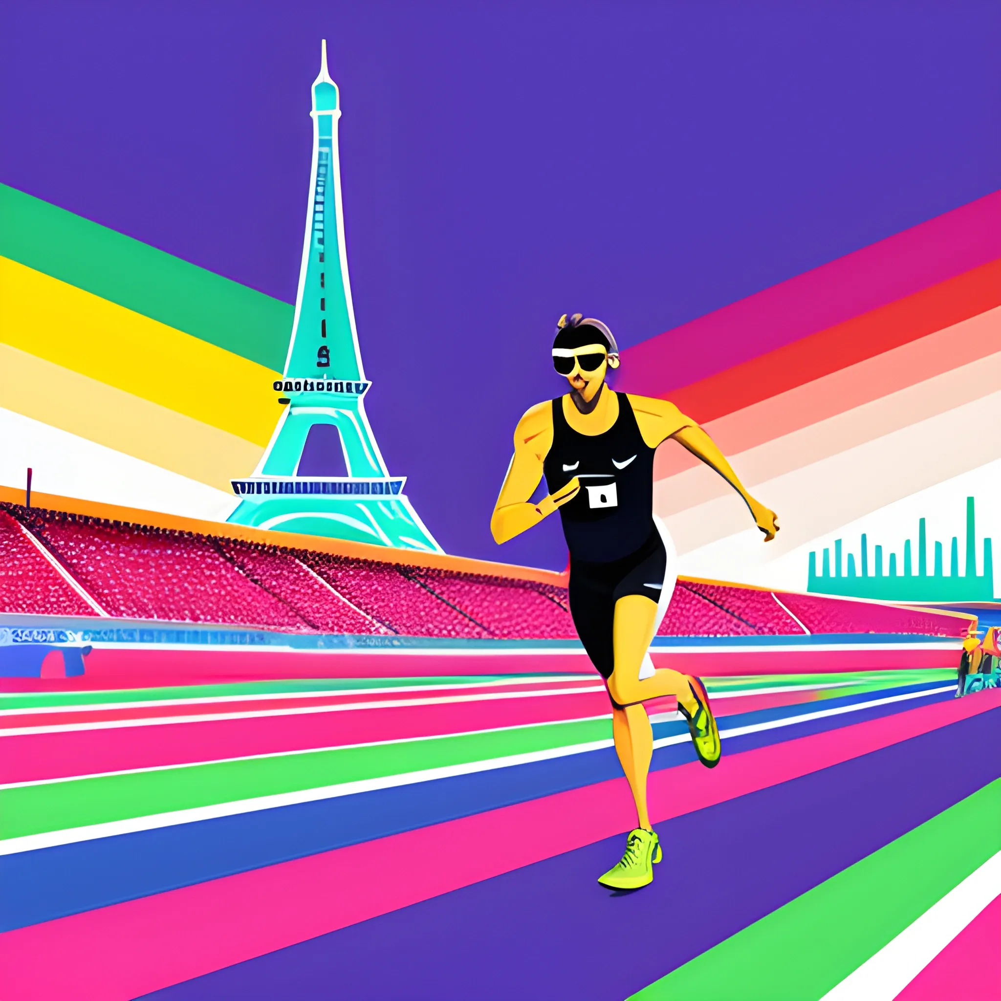 Vector art, Minimalist ink art of an Olympic runners, adorned in colorful gear with the Paris Tower as his backdrop. The scene captures him mid-race on rainbow-colored track. He wears sunglasses, motion blur for the intensified pace,