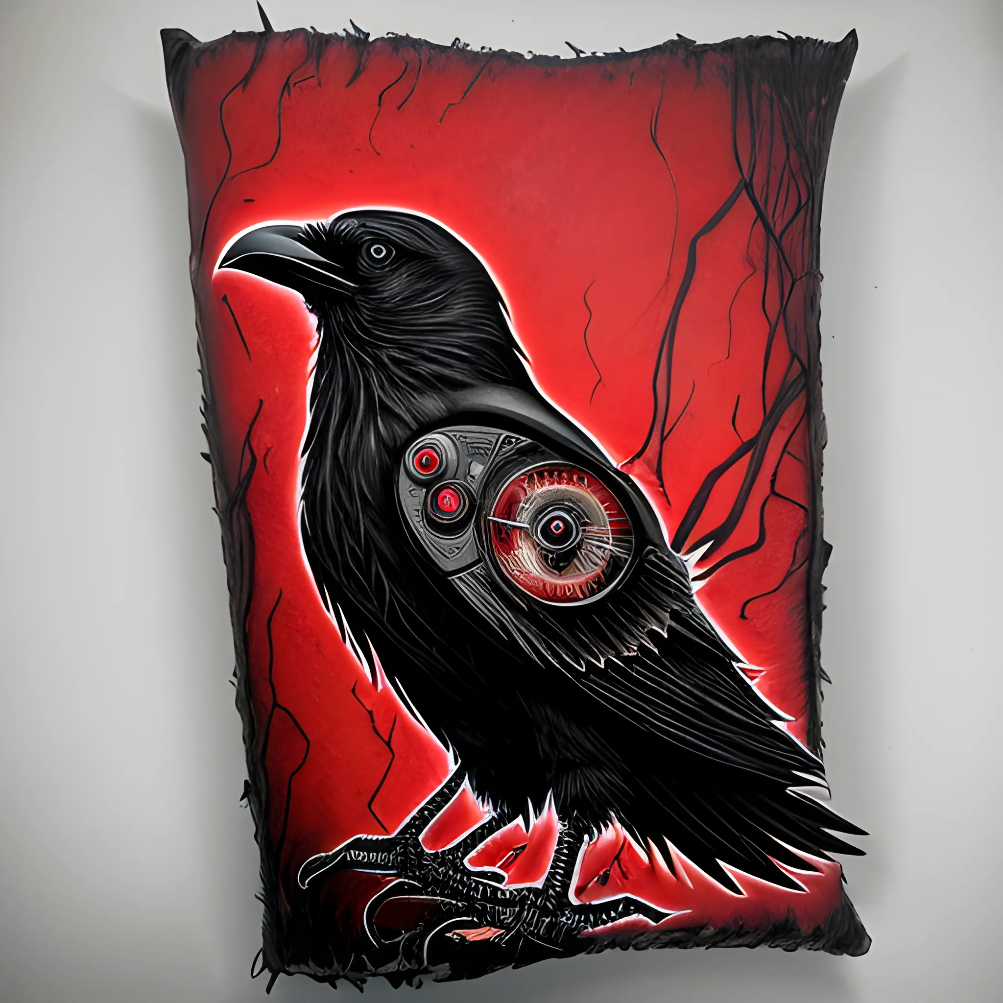 A solitary raven, its feathers inked in a cybernetic style, perches on a weathered branch. The eye of the bird glows a vibrant red, stark against the monochrome palette. The texture of the bark and the sleekness of the feathers are accentuated by the chiaroscuro of expertly placed lines and shading, evoking the precision of a skilled tattoo artist's needle. The atmosphere is heavy with the weight of technology and the untamed spirit of the natural world. The image is a striking convergence of organic and mechanical, leaving a lasting impression in black, white, and vivid red.