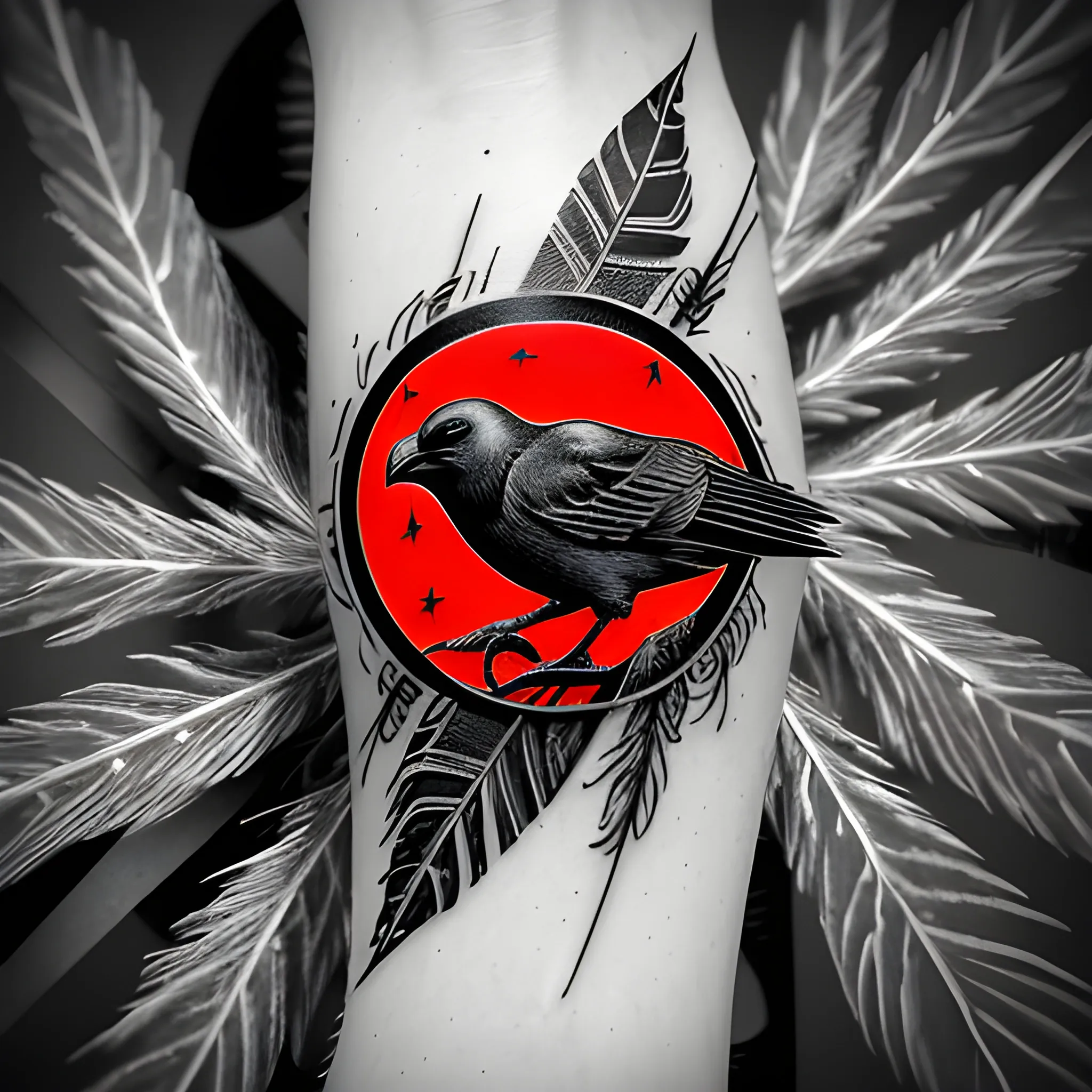 cybernetic-solitary raven, its feathers inked in a cybernetic style, perches on a weathered branch. The eye of the bird glows a vibrant red, stark against the monochrome palette. The texture of the bark and the sleekness of the feathers are accentuated by the chiaroscuro of expertly placed lines and shading, evoking the precision of a skilled tattoo artist's needle. The atmosphere is heavy with the weight of technology and the untamed spirit of the natural world. The image is a striking convergence of organic and mechanical, leaving a lasting impression in black, white, and vivid red.