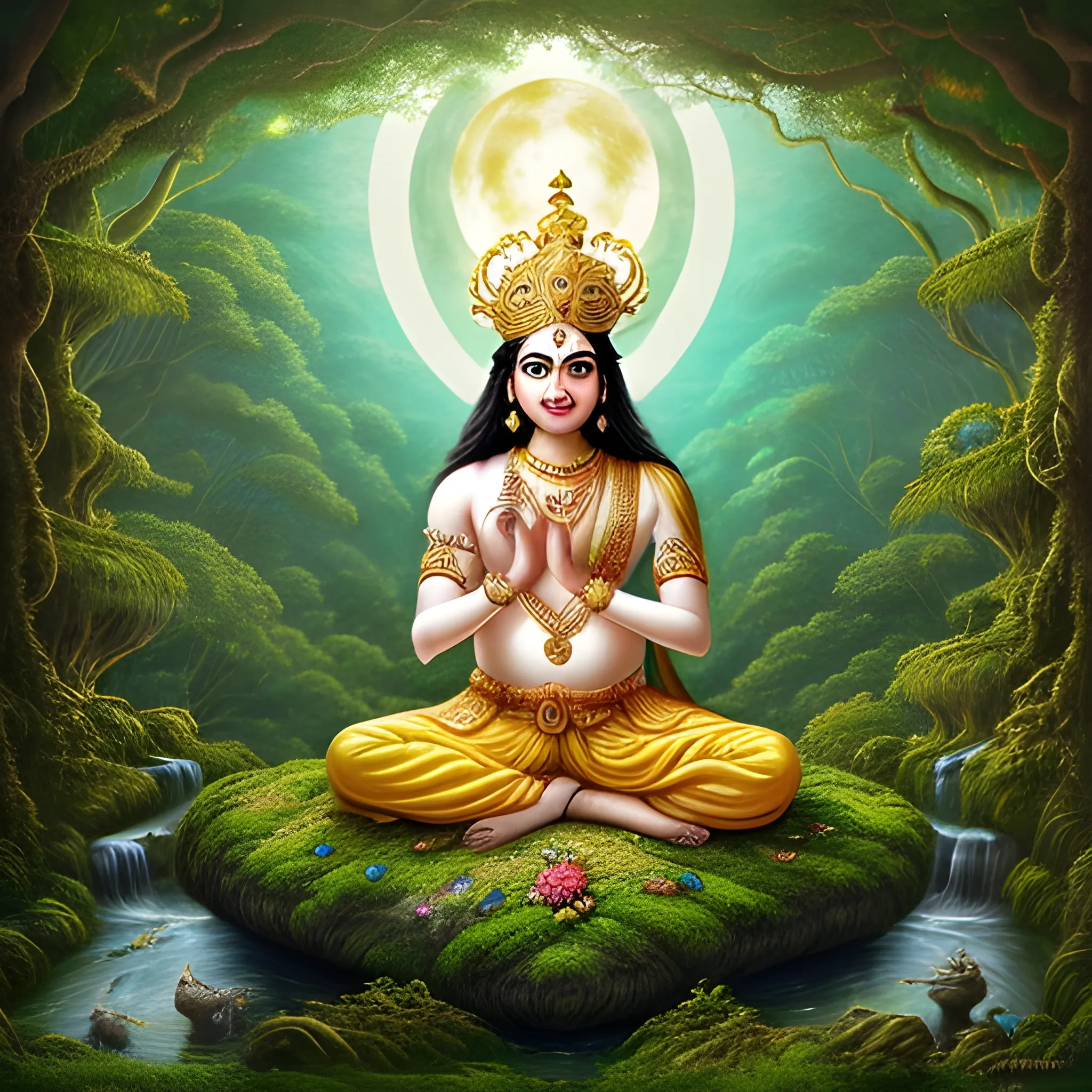 A magnificent, mythological scene: A regal, Lord Krishna, playing golden flute, clothed in a golden crown and lustrous golden garb, stands atop a moss-covered rock formation, overlooking a lush, emerald-green jungle. In the distance, the silvery rays of the full moon cast an ethereal glow, bathing the surroundings with an otherworldly light. The air is filled with the sweet scent of blooming flowers and the tender calls of exotic birds, echoing through the mystical forest. This captivating piece, reminiscent of Indian miniature painting, combines storytelling and spirituality, transporting viewers to a realm of ancient wonders.