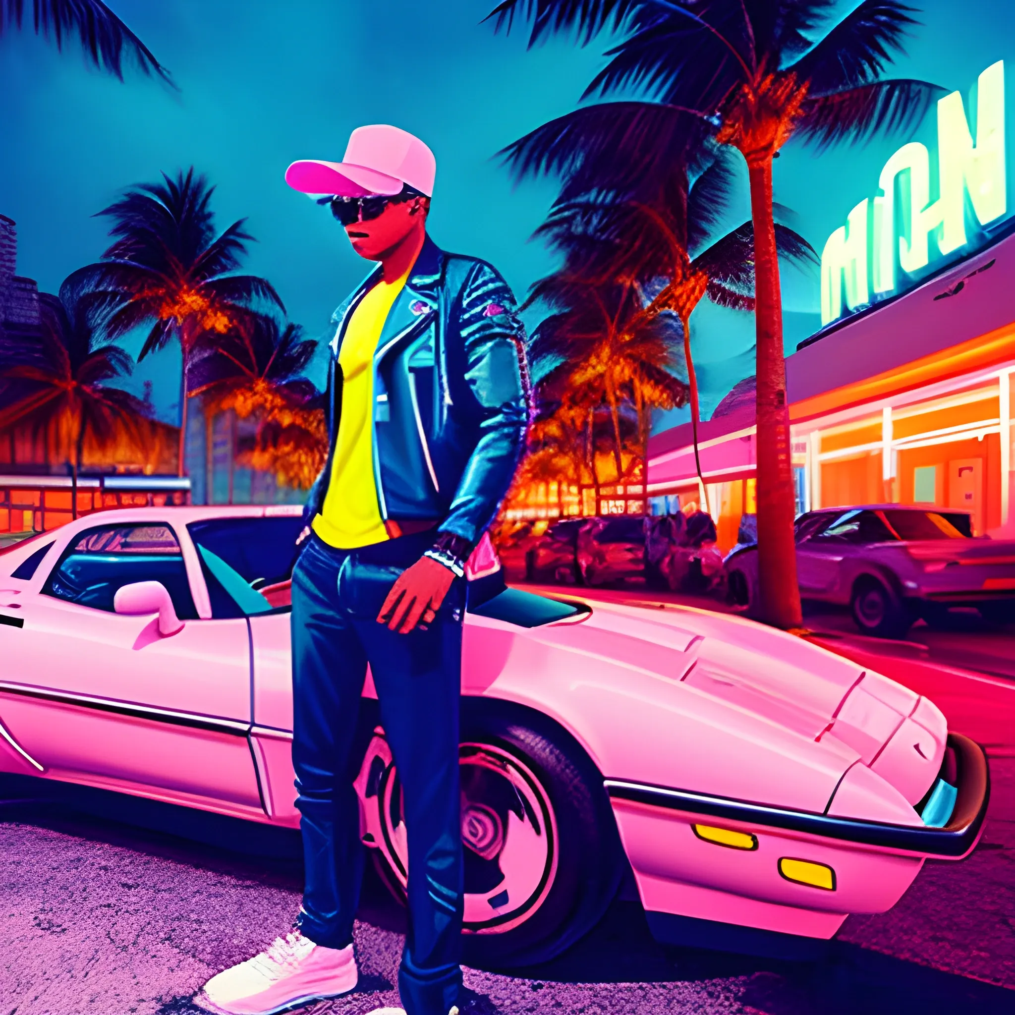 A captivating scene of Ocean Drive at night, featuring the iconic pastel-colored buildings and neon lights that Miami is famous for. A stylish, retro-inspired car, possibly a 1980s Corvette or Testarossa, is parked along the curb, and a figure, presumably the player, stands next to it, looking determined and ready for action. The atmosphere is lively, with people strolling along the sidewalk, enjoying the warm Miami breeze. The player is dressed in a fashionable outfit reminiscent of the 80s, complete with a leather jacket, shades, and a vividly colored t-shirt.