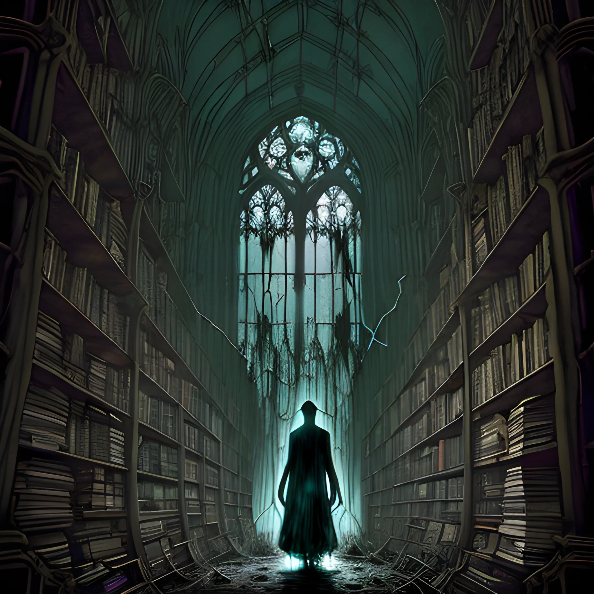 A towering, spectral figure floats amidst a labyrinth of decaying bookshelves, illuminated by shafts of pale moonlight cascading through stained-glass windows. The decaying pages whisper secrets of long-forgotten stories, while ethereal tentacles reach from the bookshelf depths. Shadowed figures peer through dusty glass, casting unsettling shadows on the crumbling walls. 