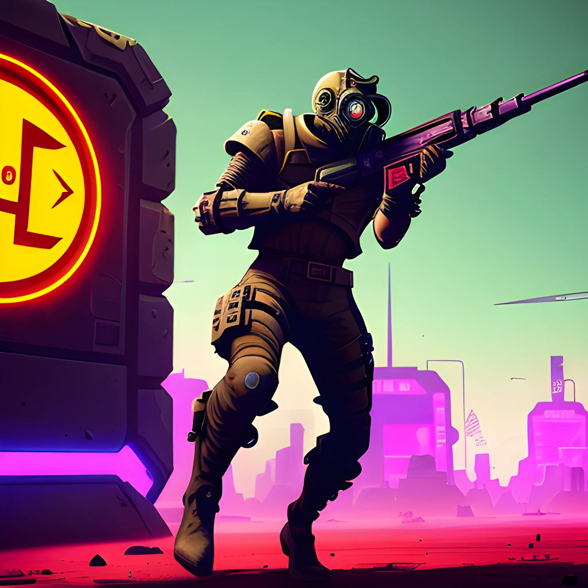 A stylized, futuristic emblem for Wasteland Characters, (no mask) wearing an futuristic Wasteland uniform and holding an advanced exotic shotgun in full color, Full Body shot running into battle, transparent cube, set against a neon-lit, evoking a sense of freedom and empowerment, style of Mad Max, a Wasteland city in the background  