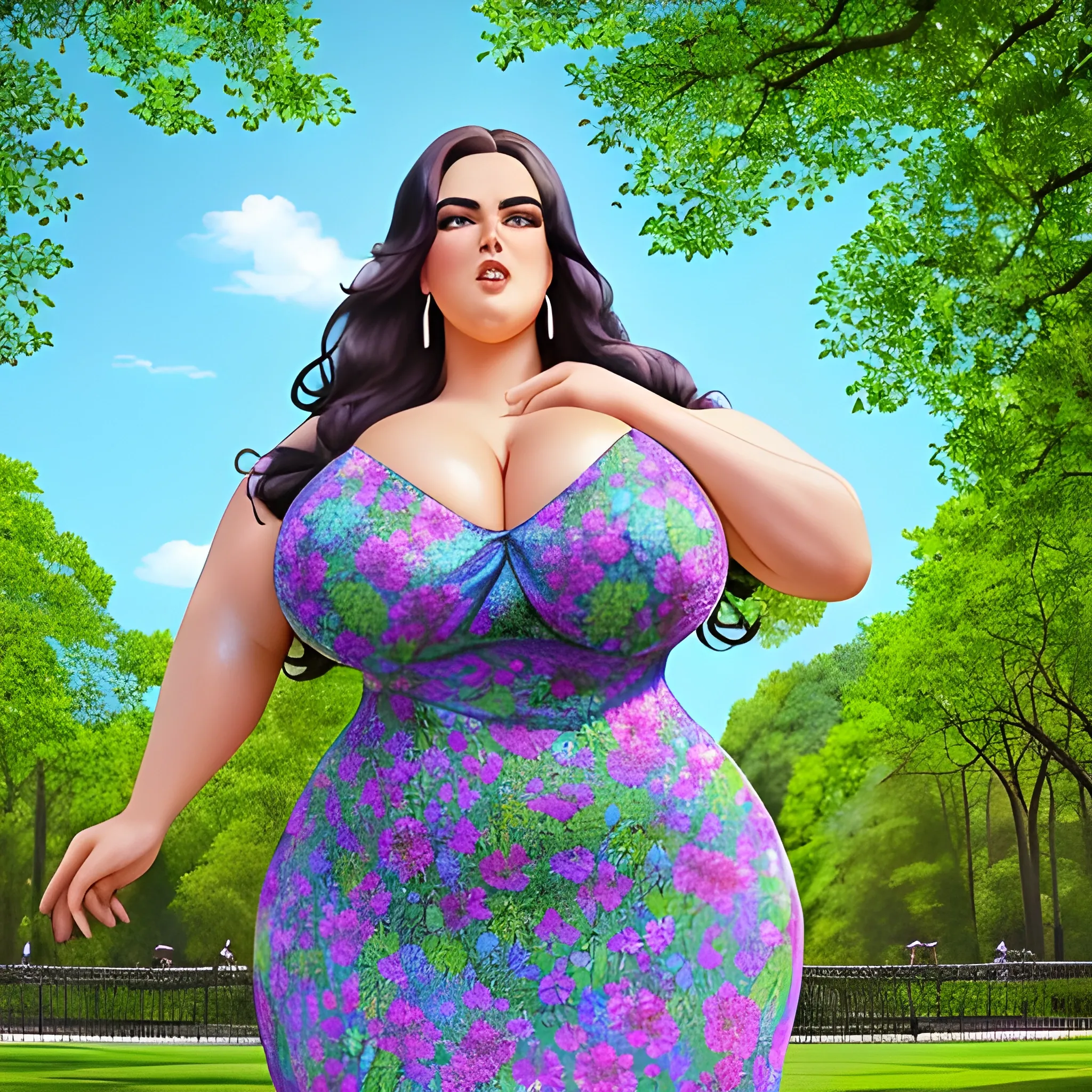 A detailed and highly realistic depiction of a super-sized big beautiful woman, or SSBBW, standing proudly in a lush, green park. She is wearing a vibrant, flowing maxi dress that complements her full figure and curves. Her skin is a warm, glowing shade, and her facial features are kind and confident. The park around her is filled with tall, mature trees and colorful flowers, with a clear blue sky peeking through the canopy. The image is crisp and detailed, capturing the beauty and strength of the SSBBW in a respectful and admiring way.