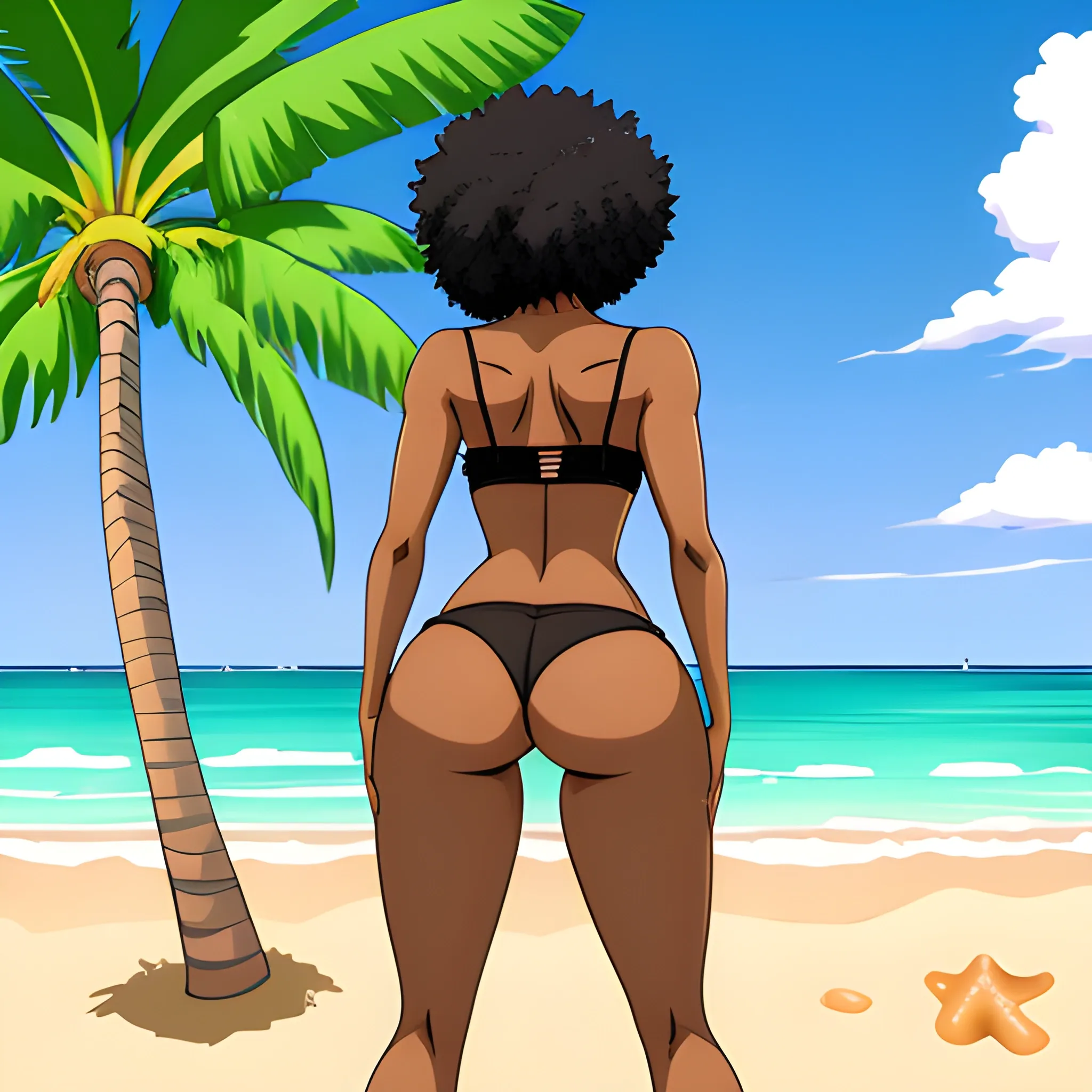 Anime,beach,rear view, brownskin,cute girl,black curly hair,green bra, green panties,cartoon,hand under butt