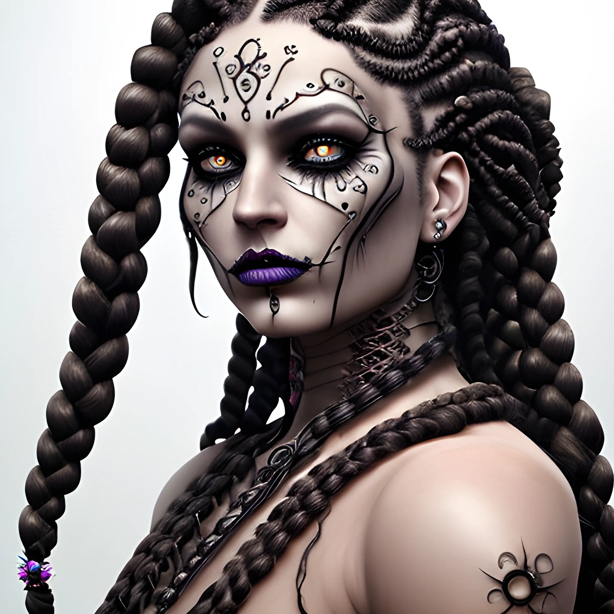 Woman with lots of intricate braids and plaits, dark fantasy makeup, 3D realistic style, looking powerful and mysterious with magic powers.