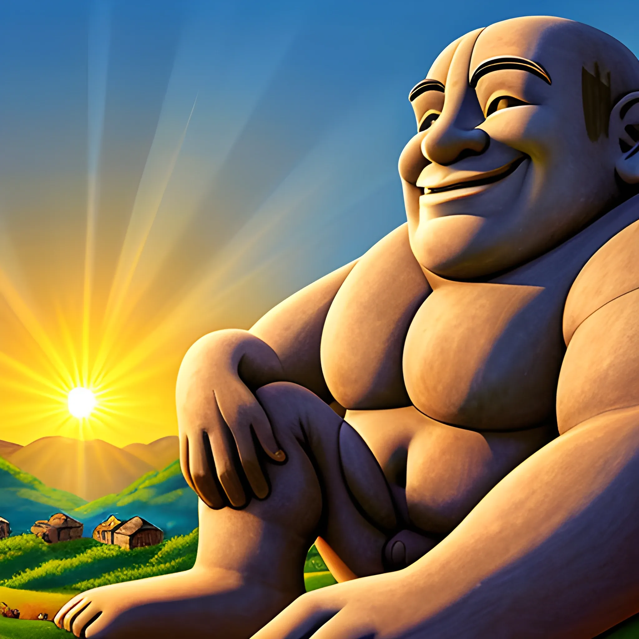 a stone giant smiling at the sun, while a village lies at his feet, Cartoon