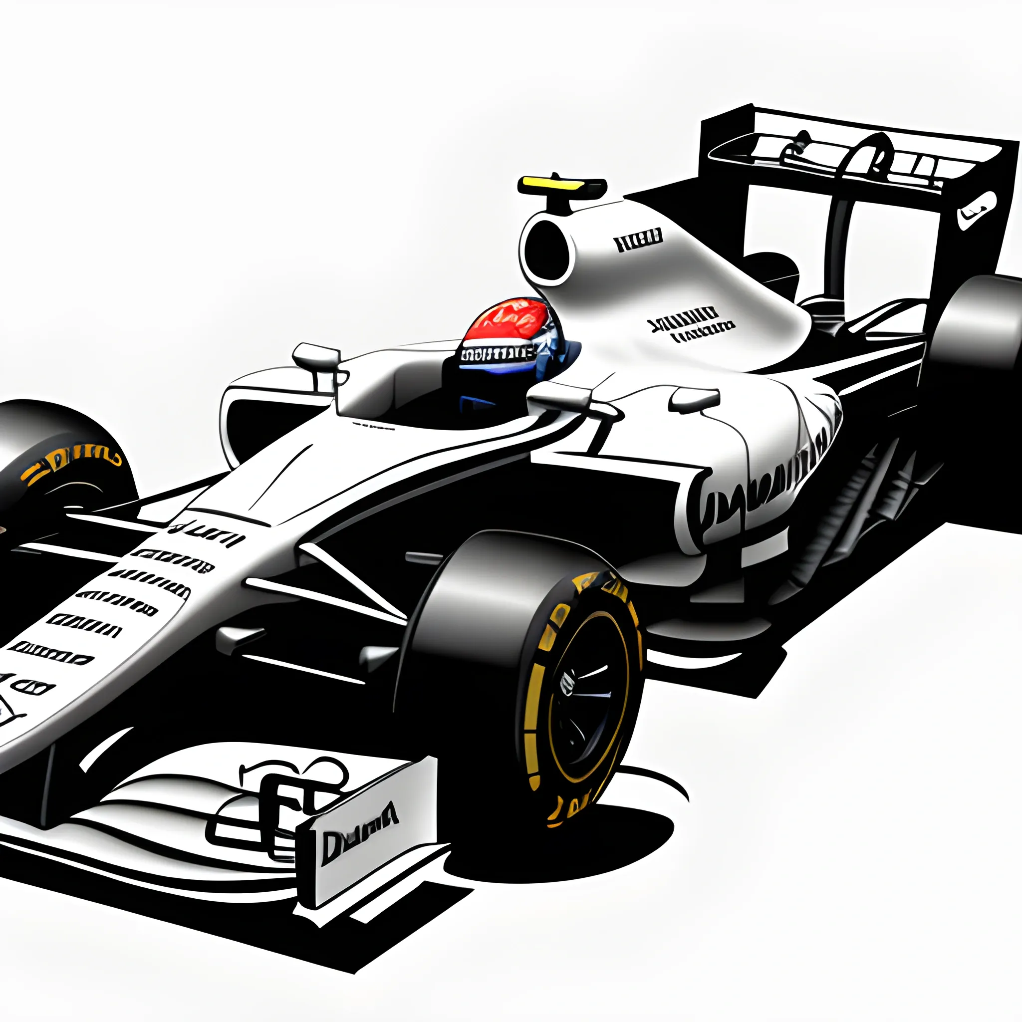 formula 1 car in race with "datam dynamics" name on body, Pencil Sketch