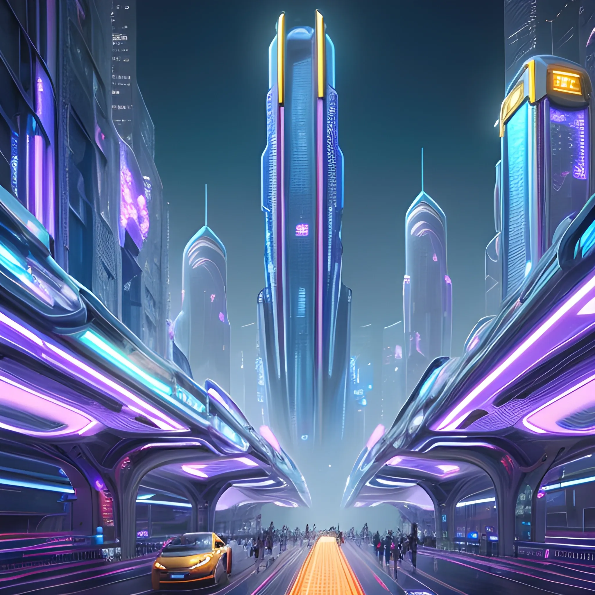 A futuristic alien cityscape with towering skyscrapers, intricate architectural designs, and neon-lit pathways. There are flying vehicles hovering above the ground, and the environment is adorned with vibrant light trails. The foreground features several humanoid figures, possibly inhabitants of this advanced civilization, walking along the pathways. The overall ambiance is a blend of technological advancement and natural elements, suggesting a harmonious coexistence of the two.